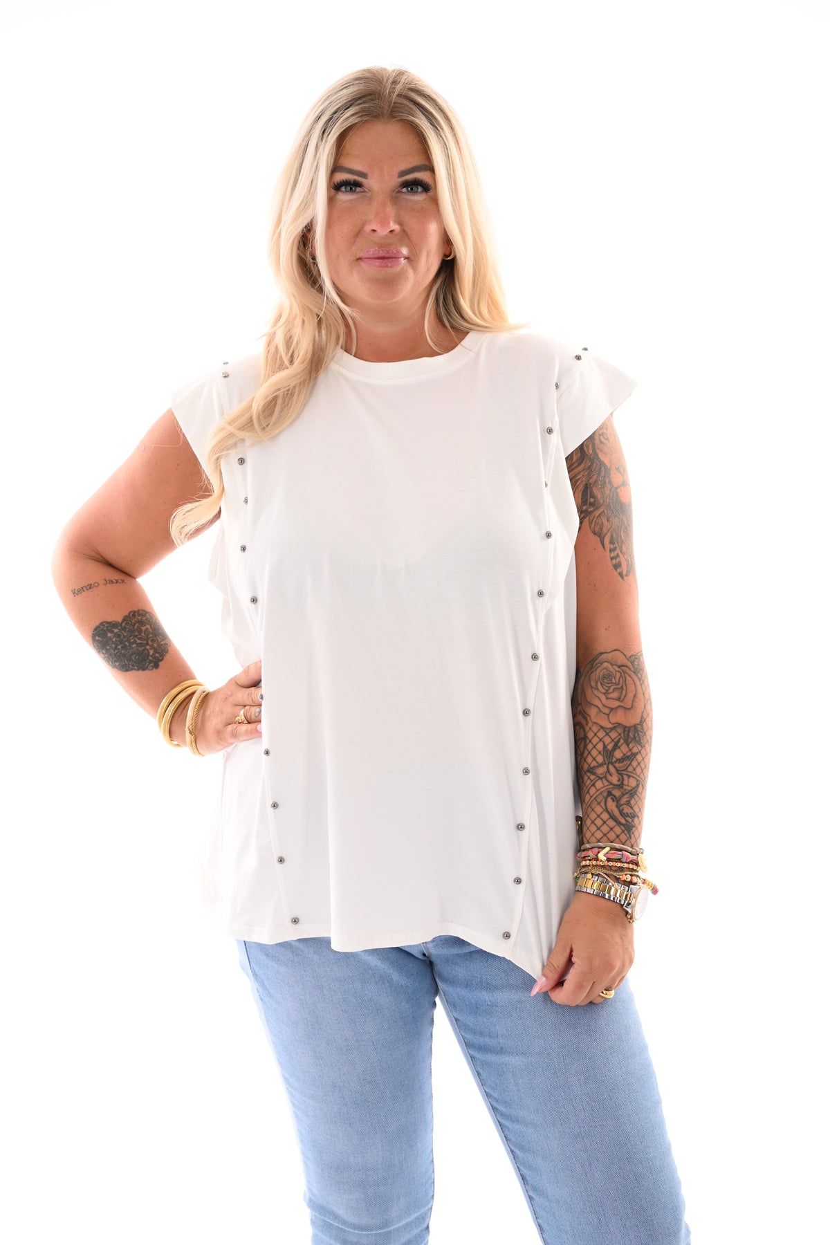 Top kapmouwen studs wit