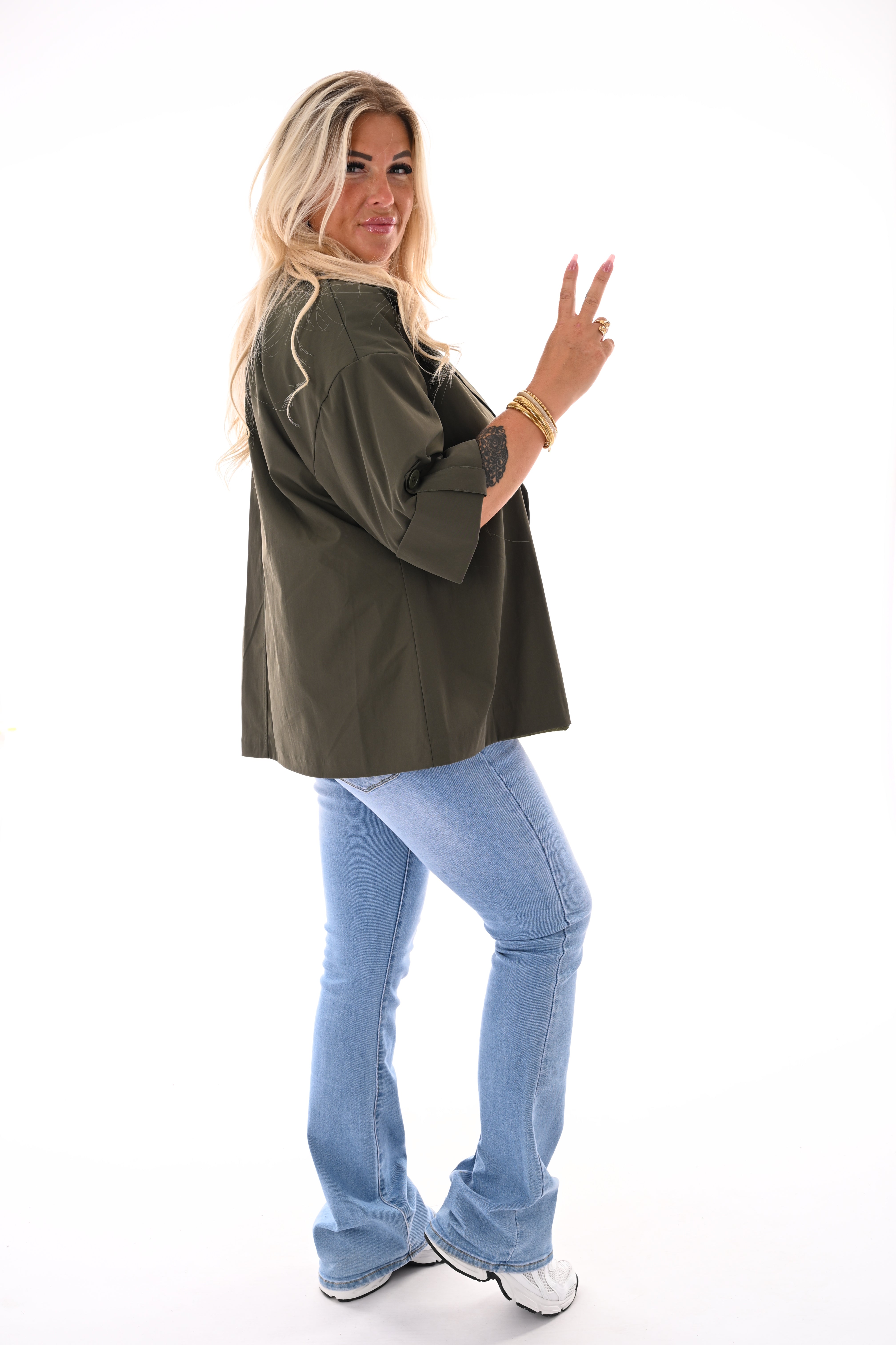 Korte trenchcoat ophaalmouwen legergroen