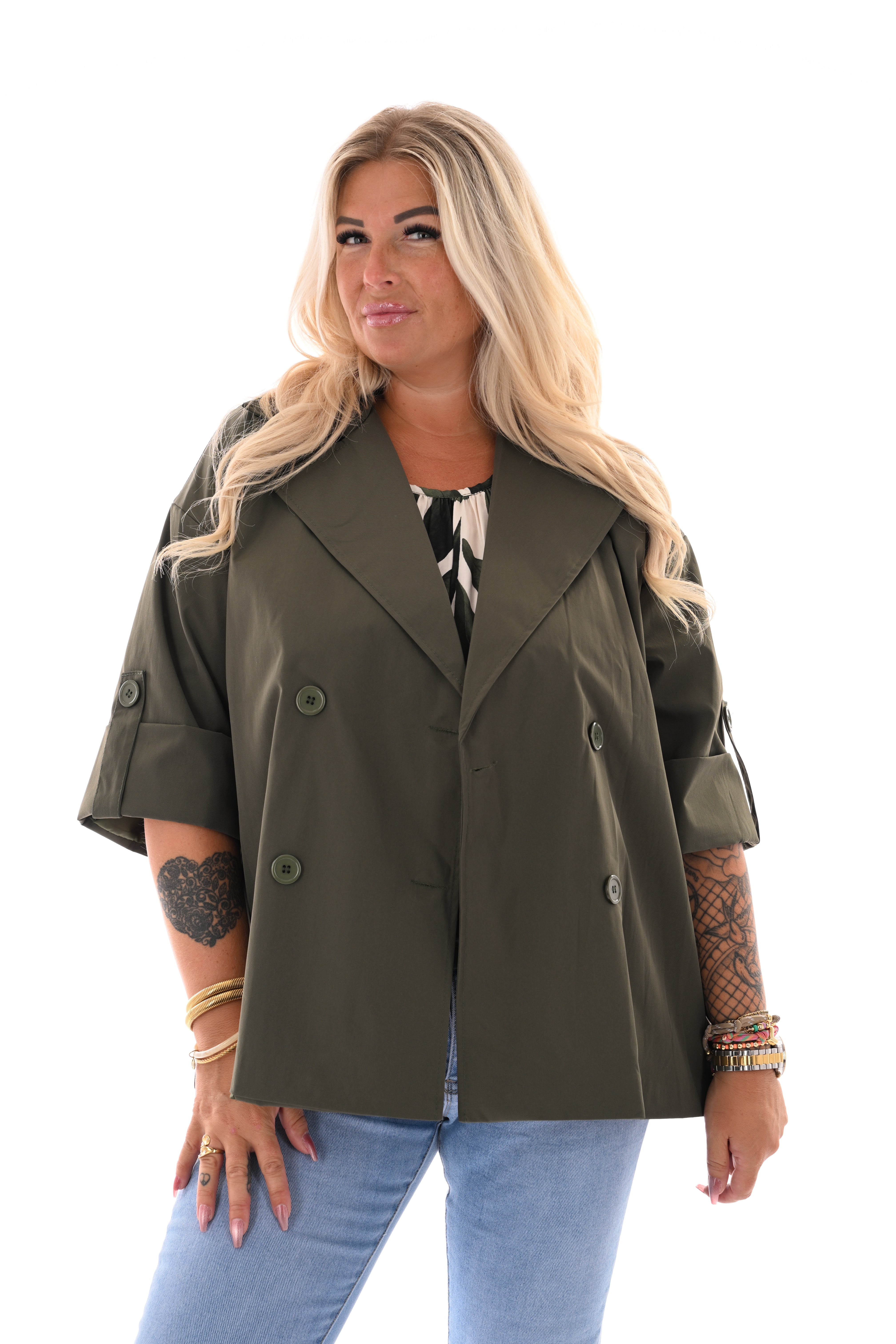 Korte trenchcoat ophaalmouwen legergroen