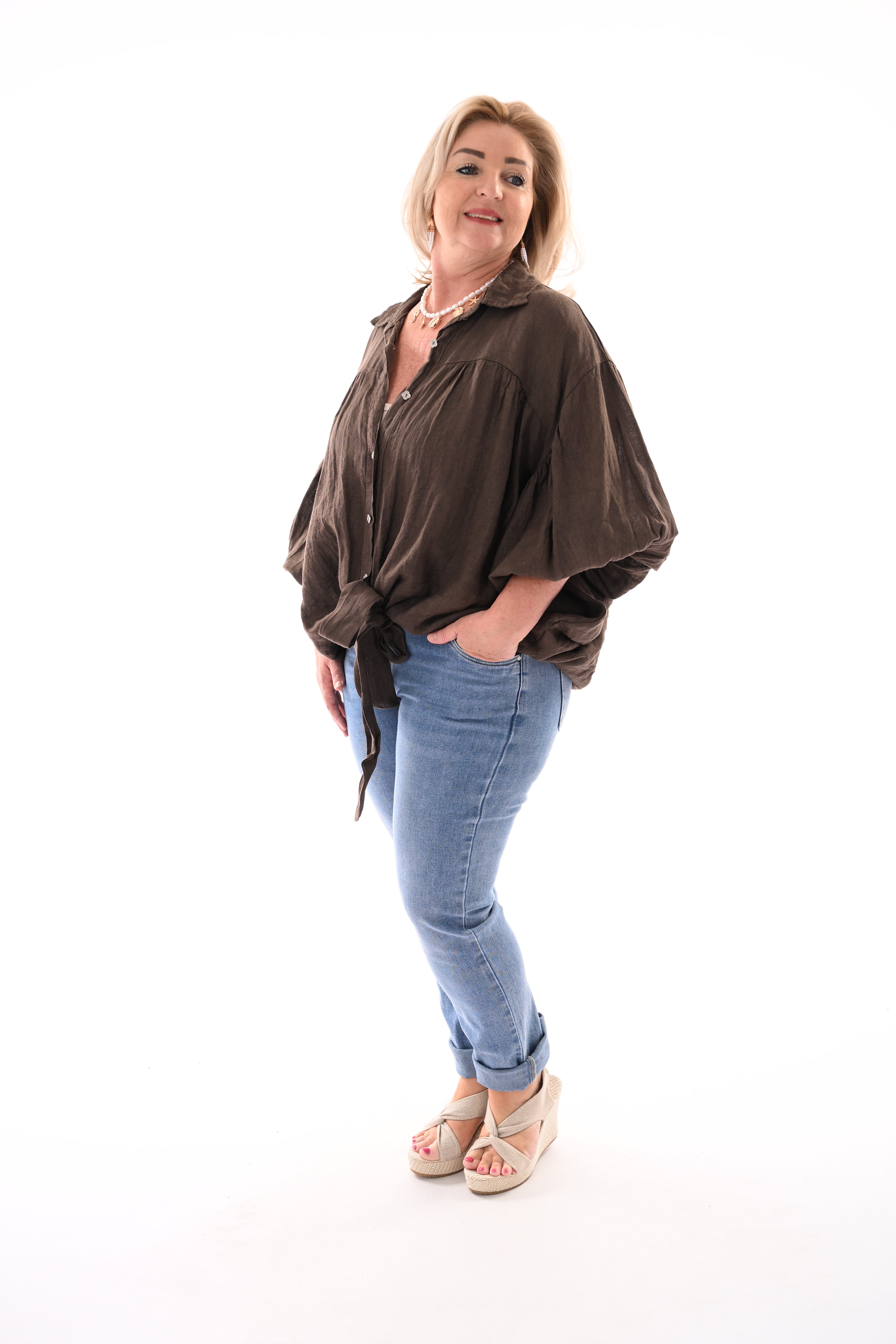 Blouse knoop detail donkerbruin