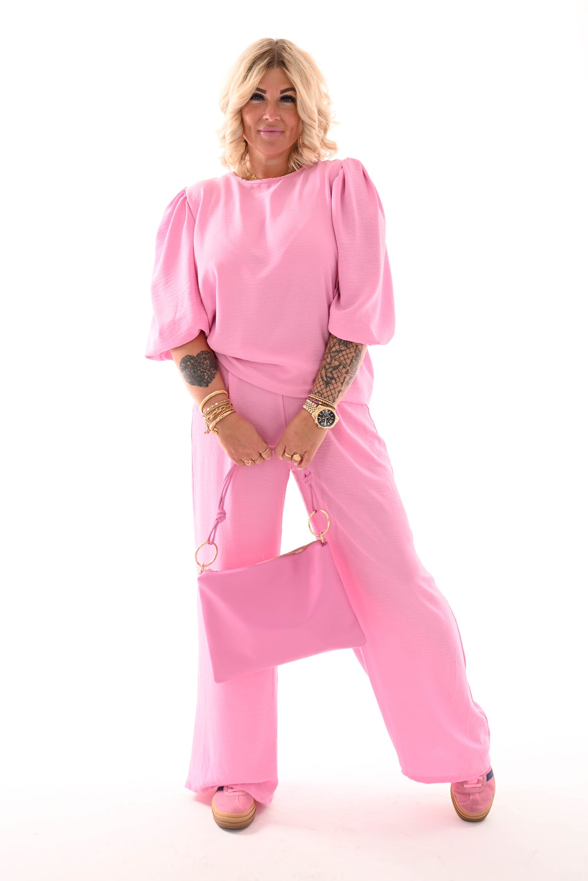 Tweedelig pak 3/4e pofmouwen uni roze