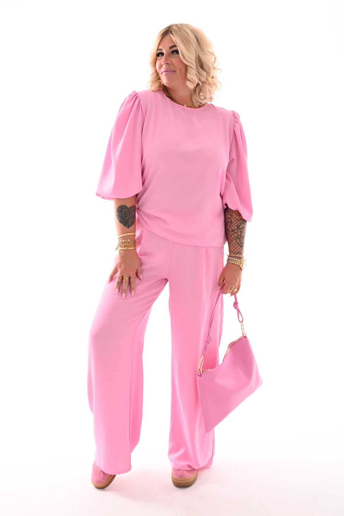 Tweedelig pak 3/4e pofmouwen uni roze