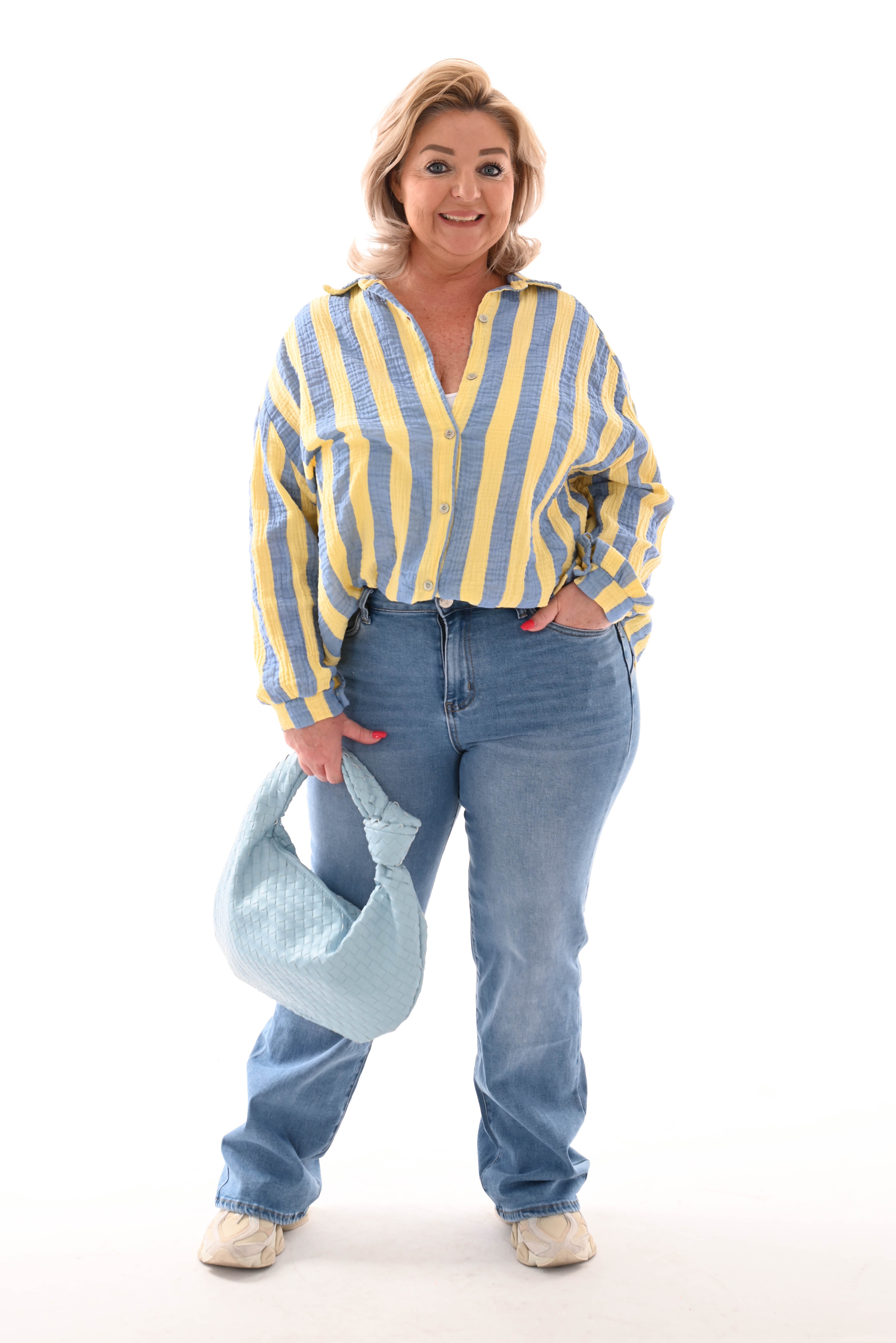 Blouse wafel brede strepen jeansblauw/geel