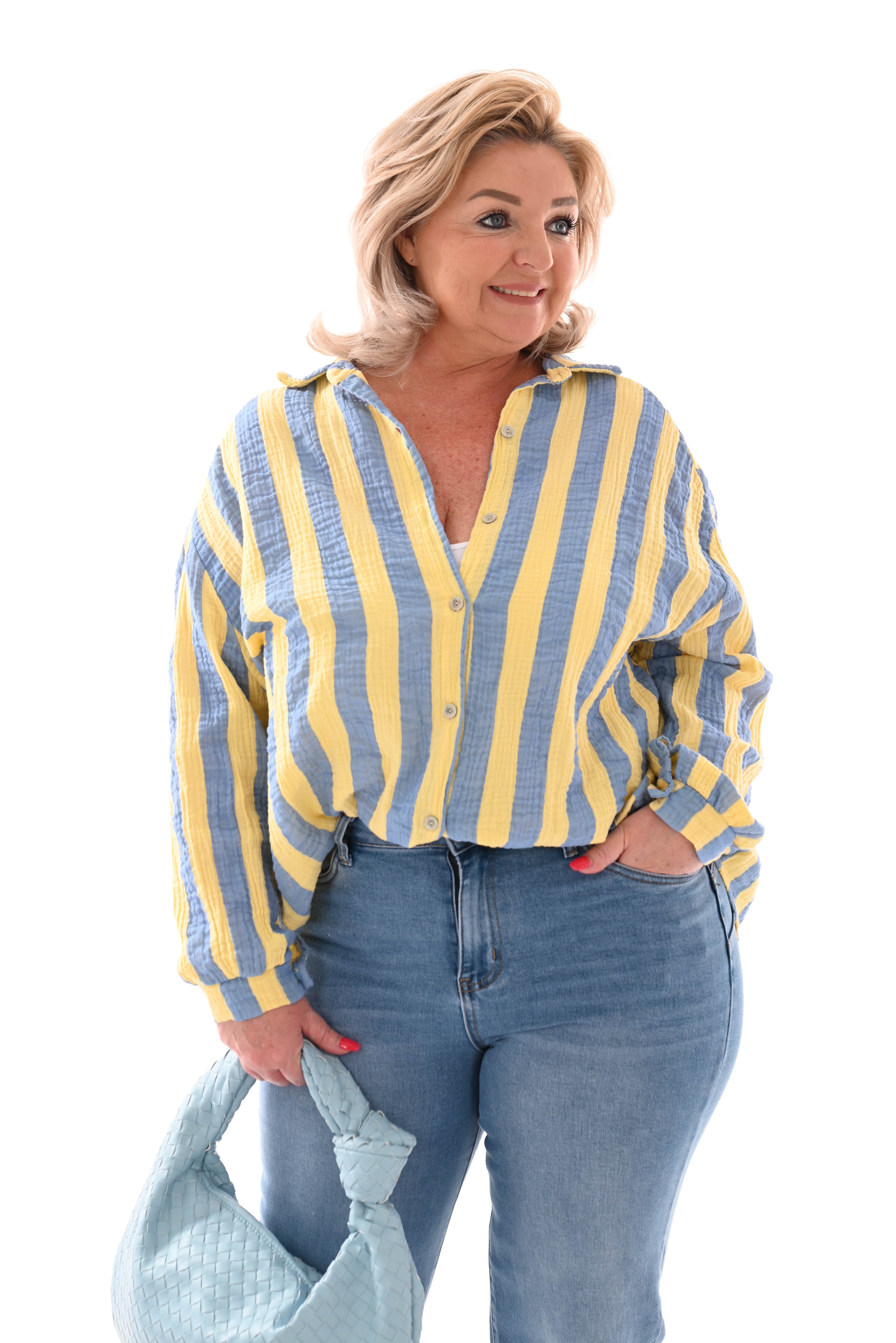 Blouse wafel brede strepen jeansblauw/geel