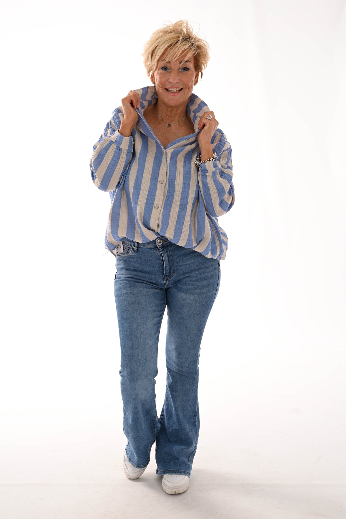 Blouse wafel brede strepen jeansblauw/beige