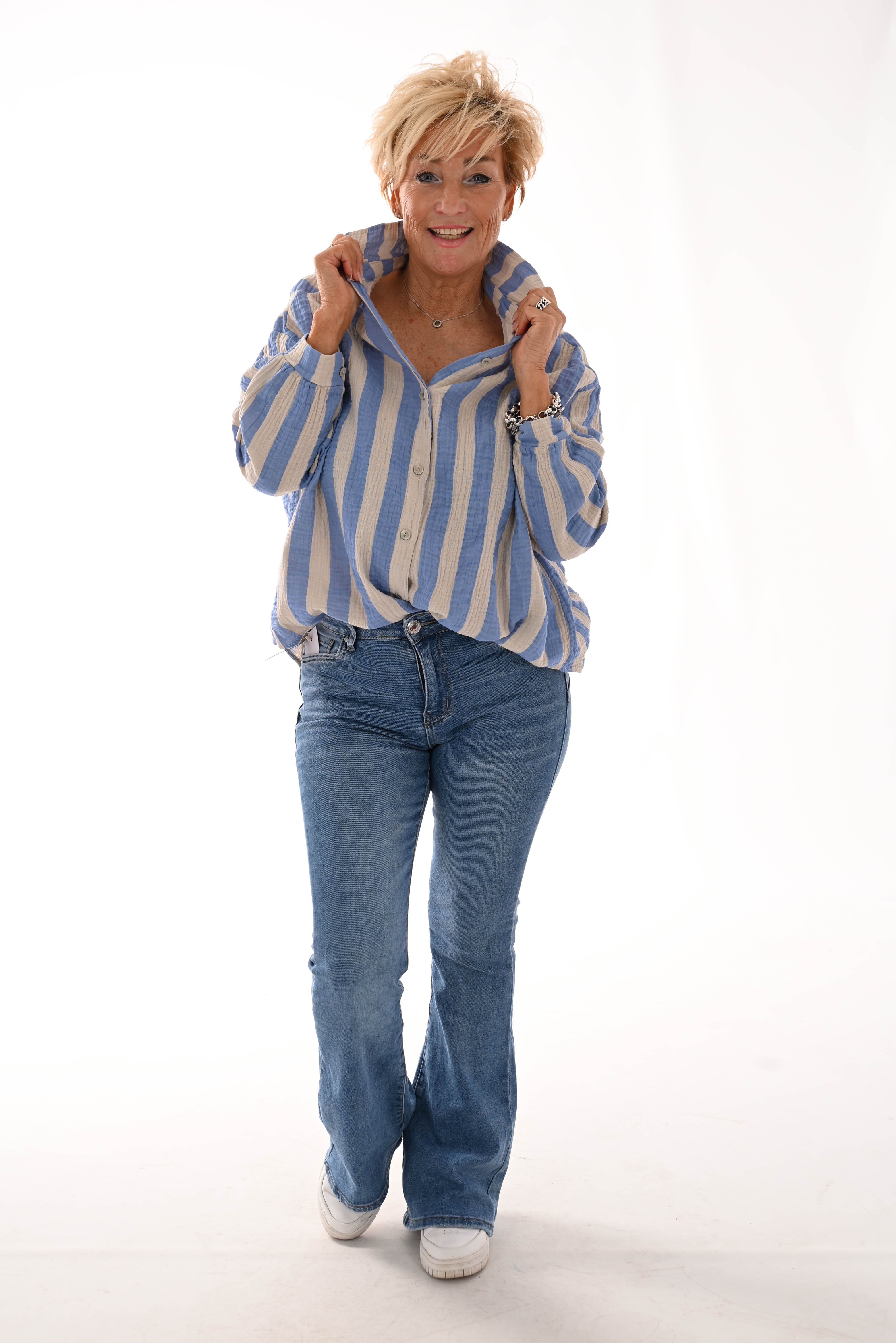 Blouse wafel brede strepen jeansblauw/beige