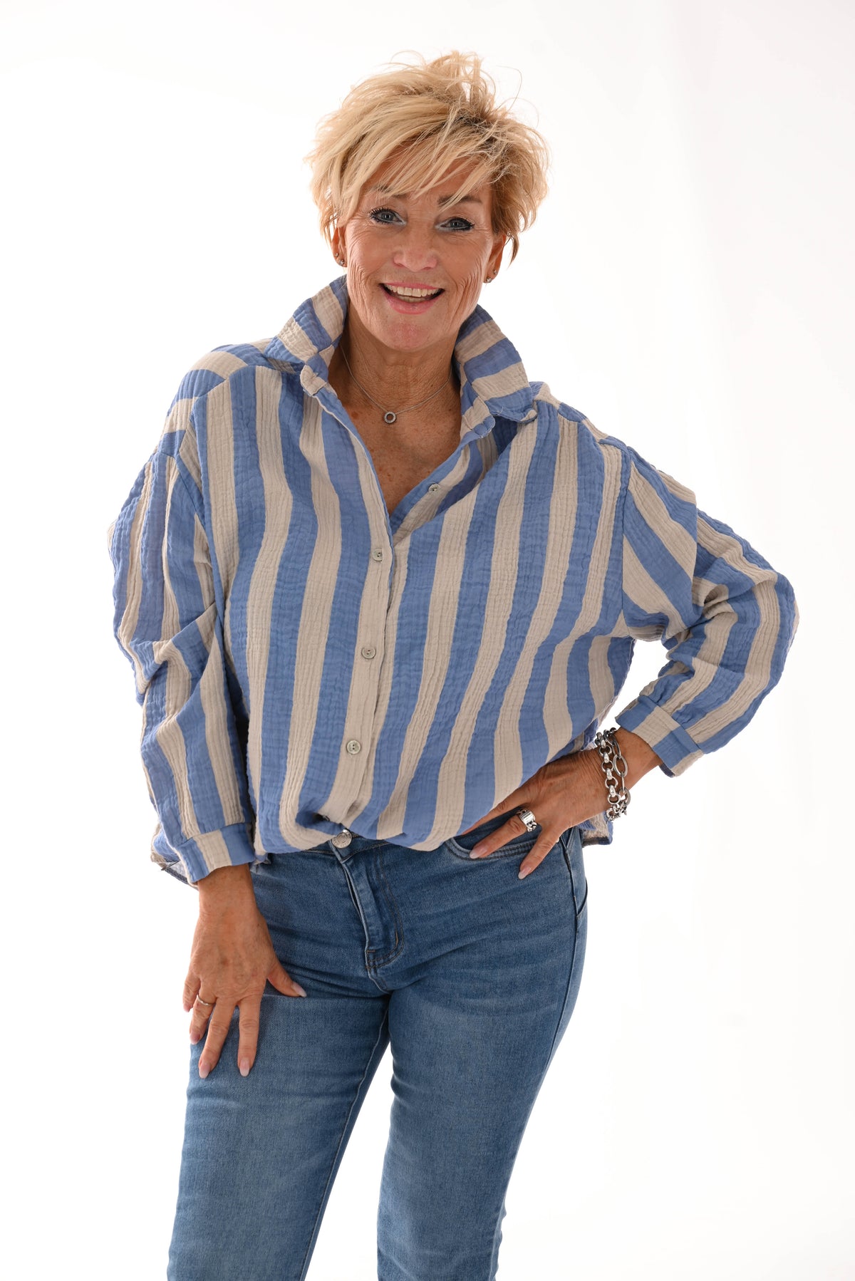 Blouse wafel brede strepen jeansblauw/beige