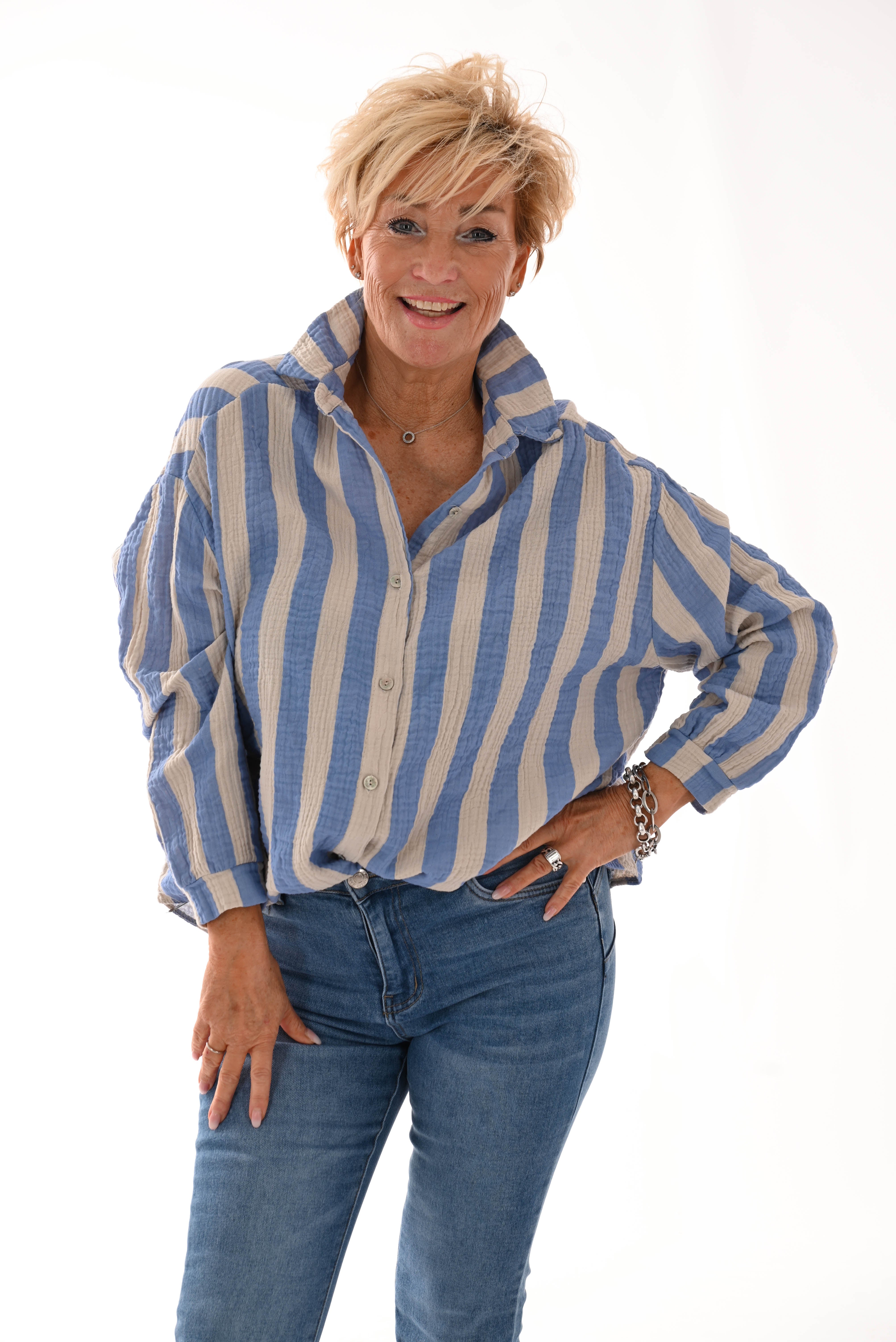 Blouse wafel brede strepen jeansblauw/beige