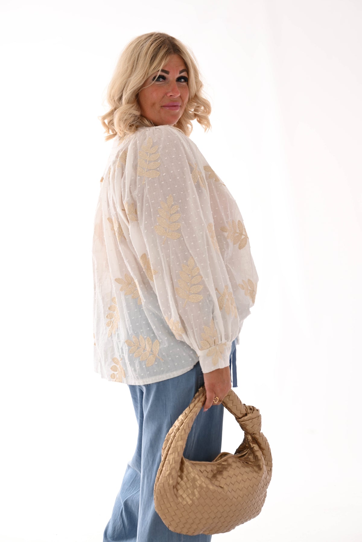 Blouse bladeren wit/goud