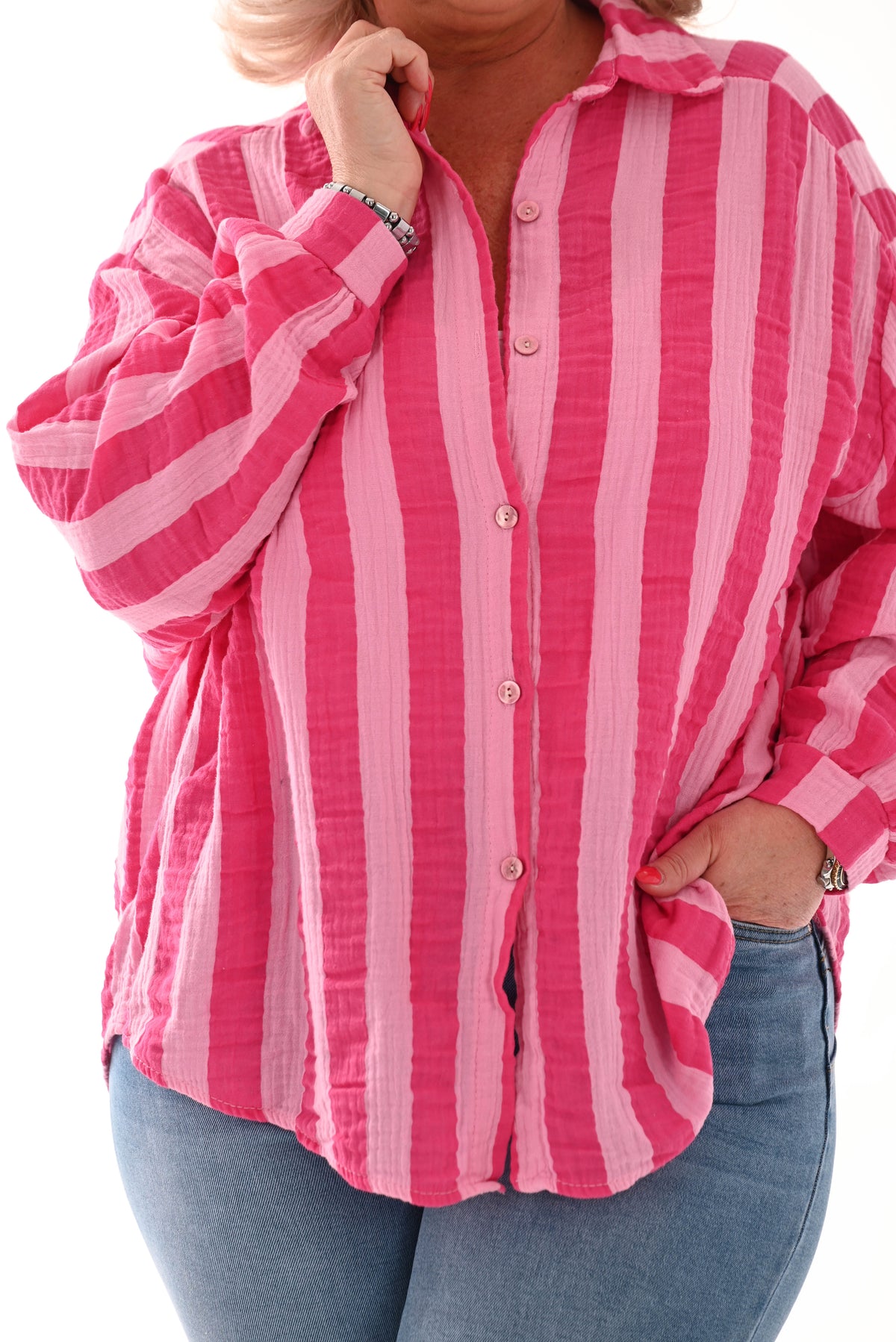 Blouse wafel brede strepen fuchsia/roze