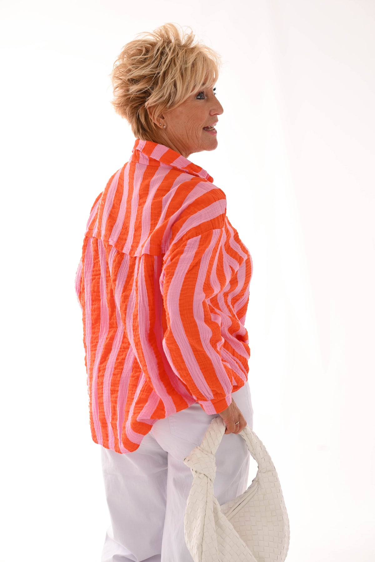 Blouse wafel brede strepen oranje/roze