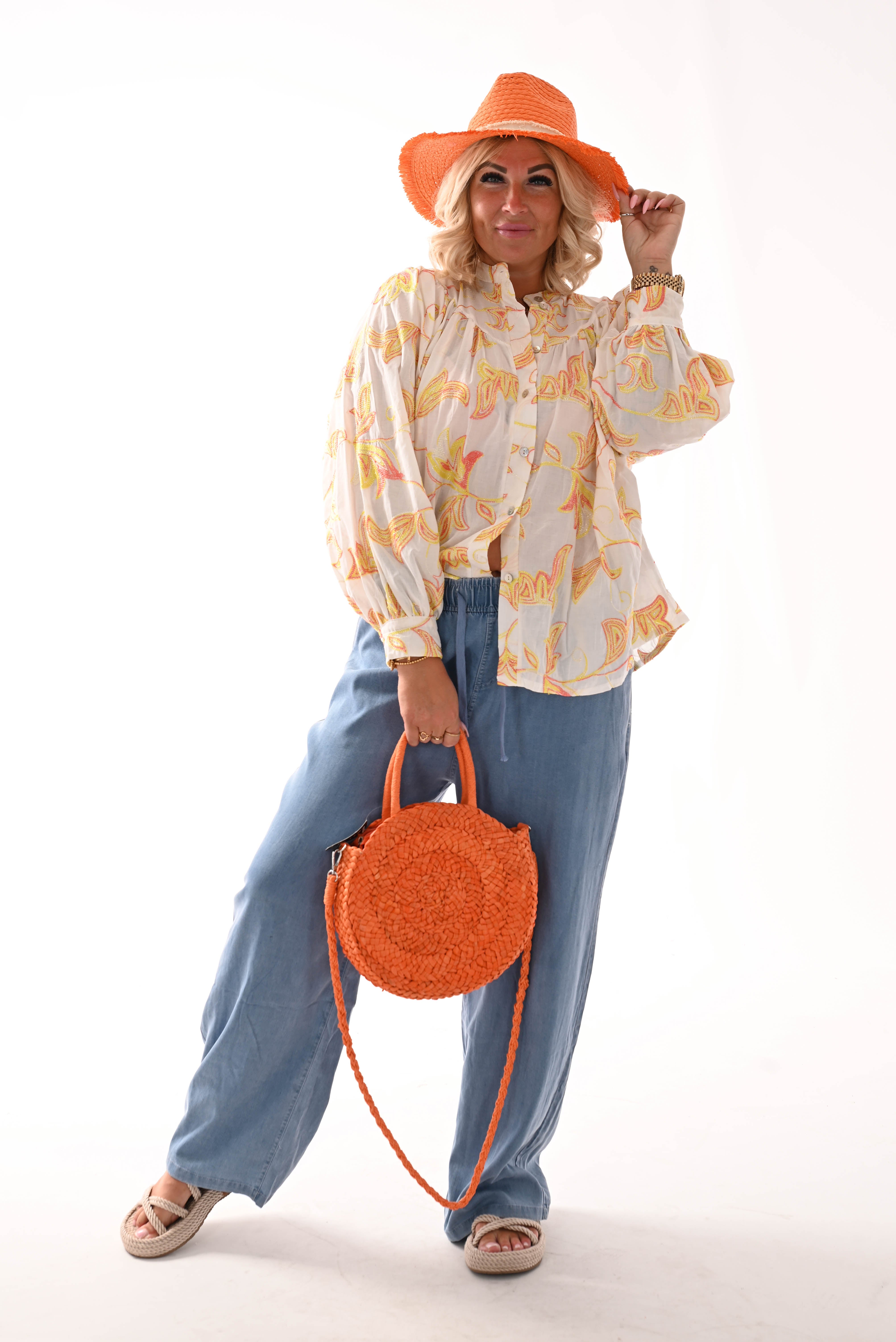 Blouse bladeren wit/oranje