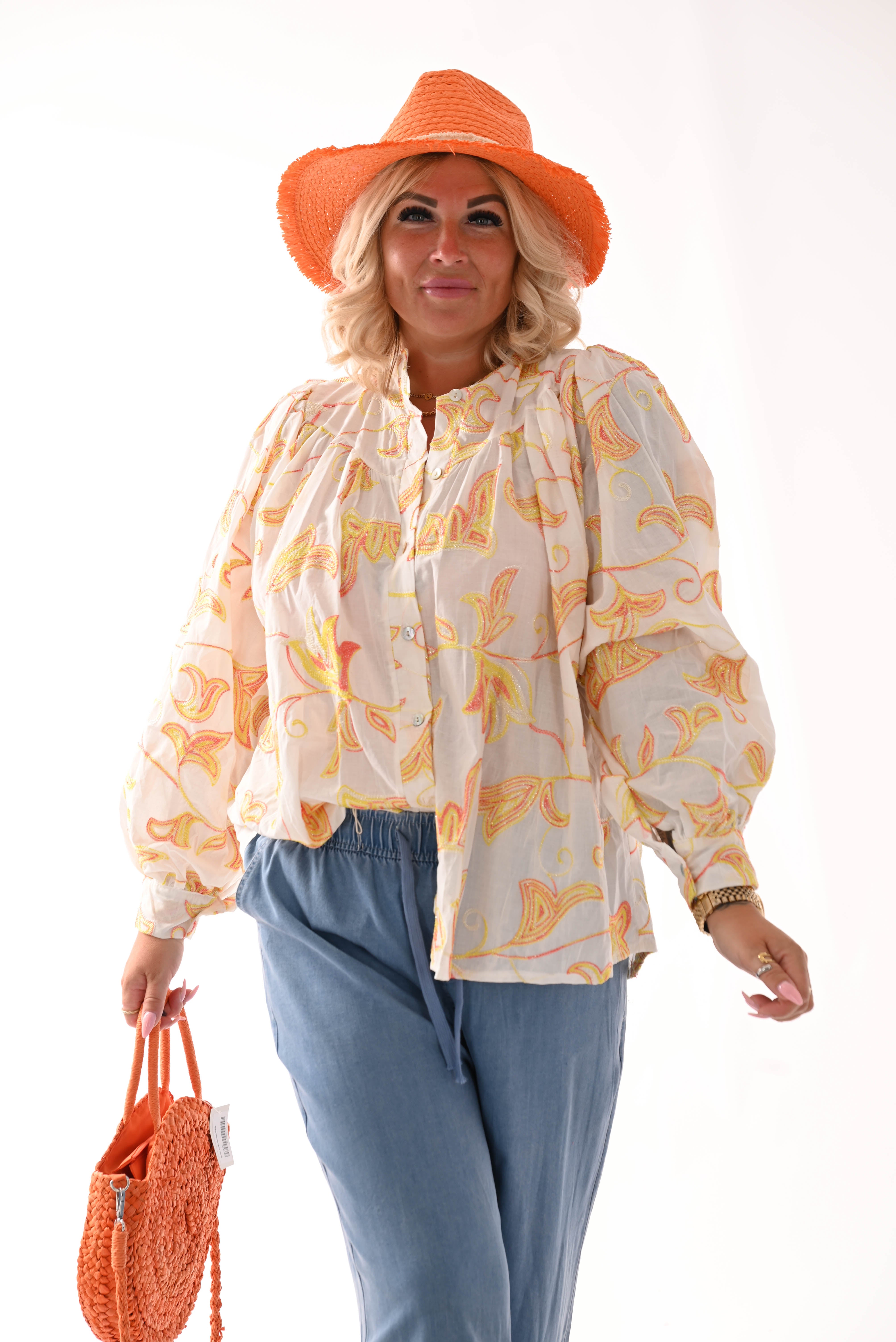Blouse bladeren wit/oranje