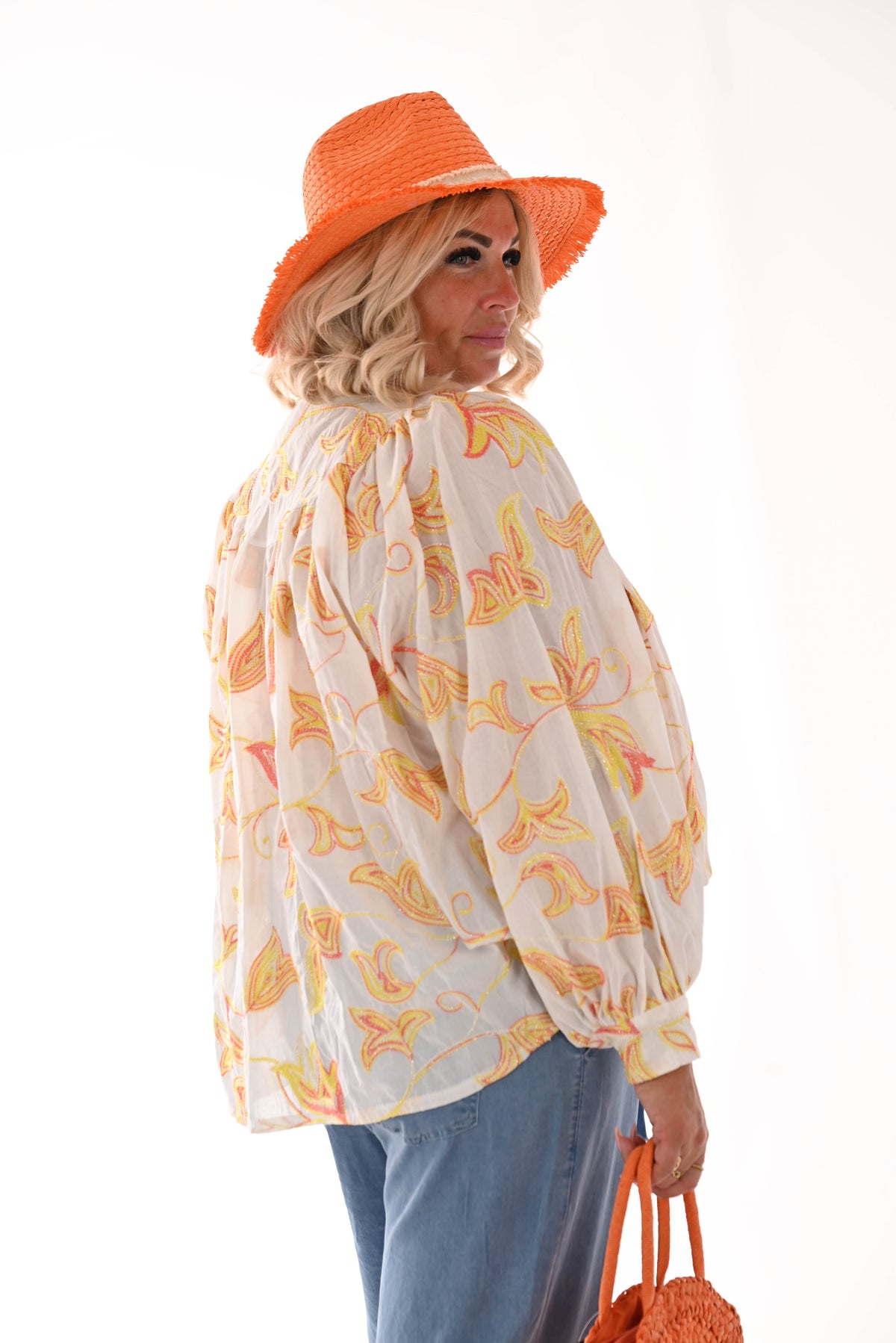 Blouse bladeren wit/oranje