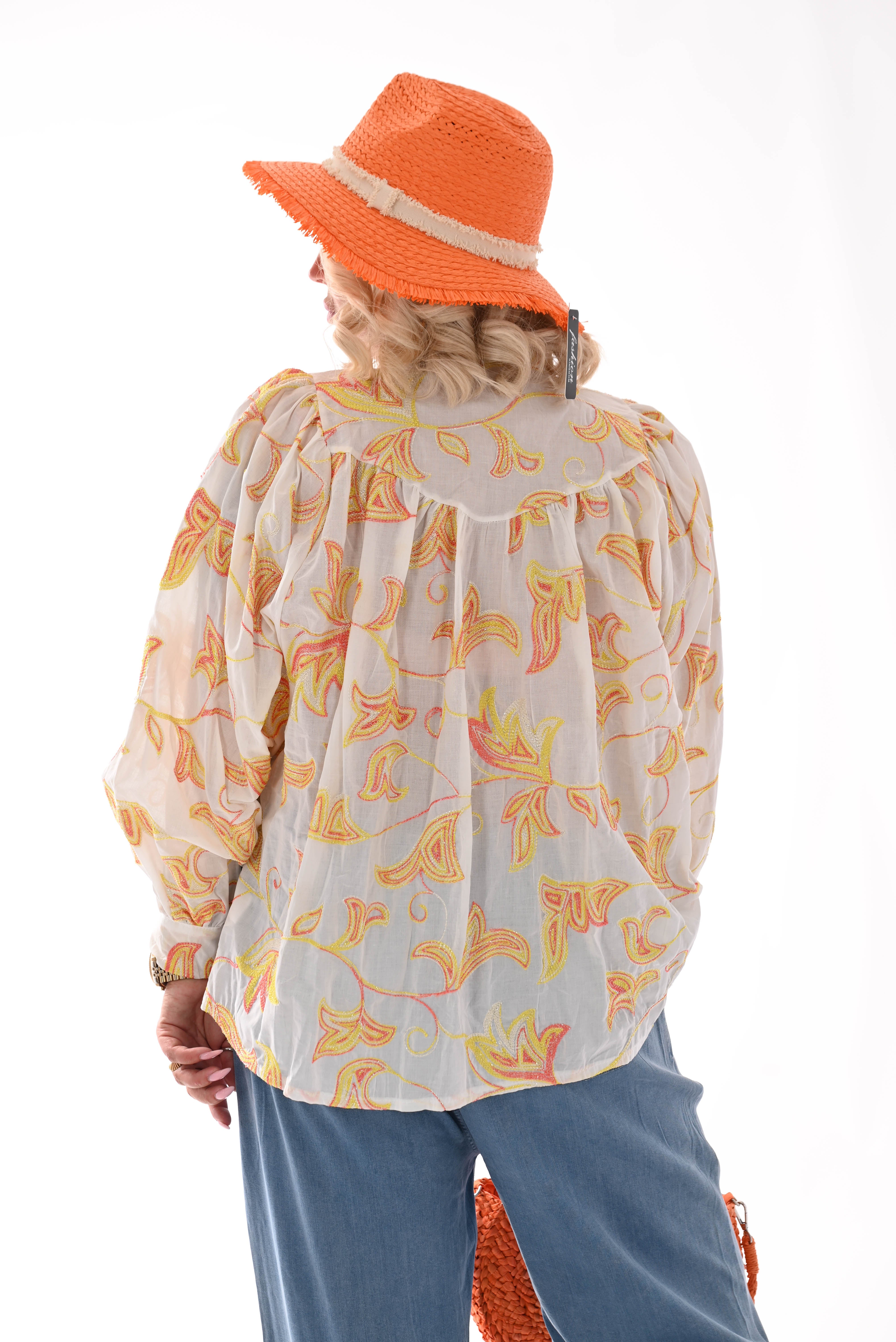 Blouse bladeren wit/oranje