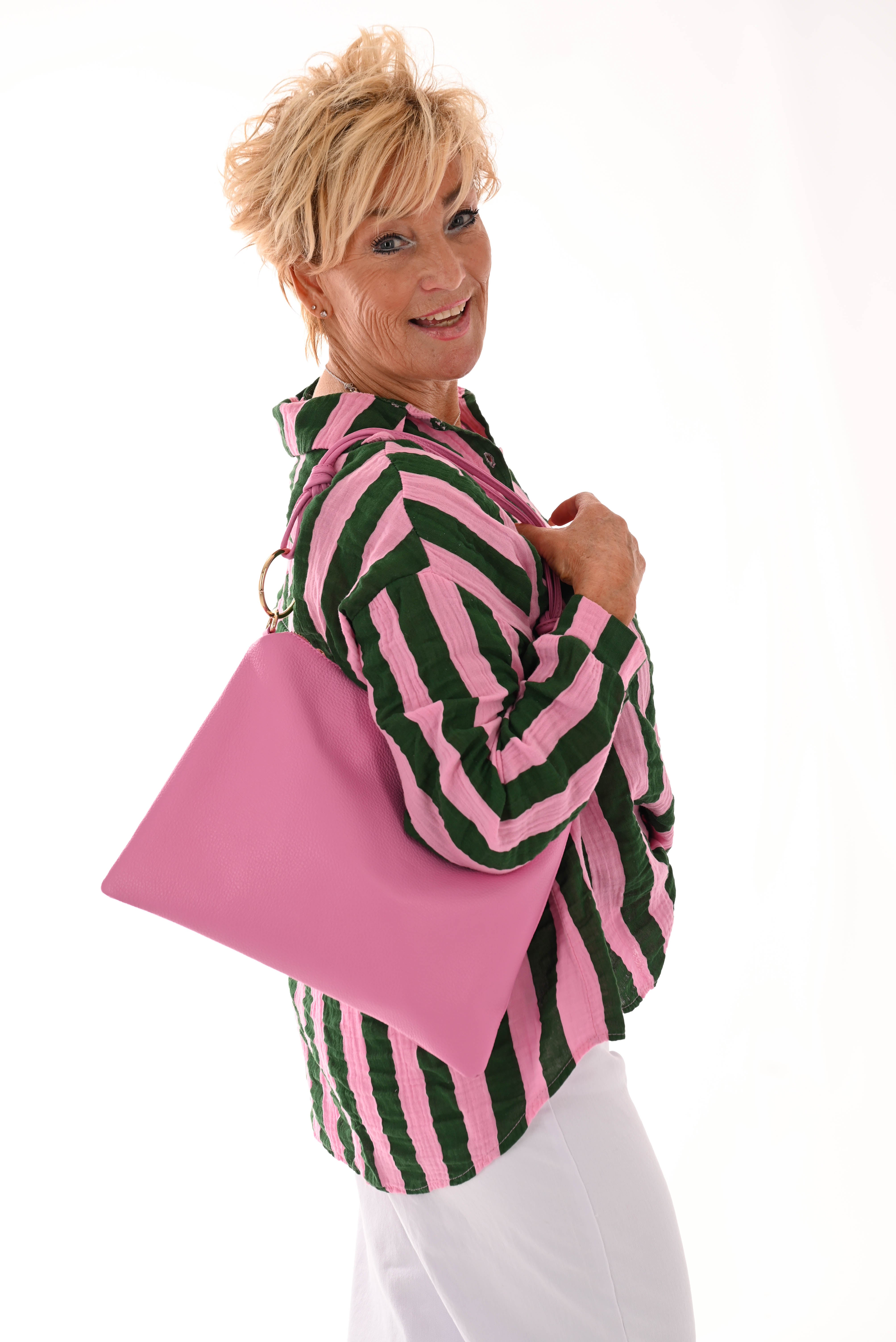 Blouse wafel brede strepen roze/groen