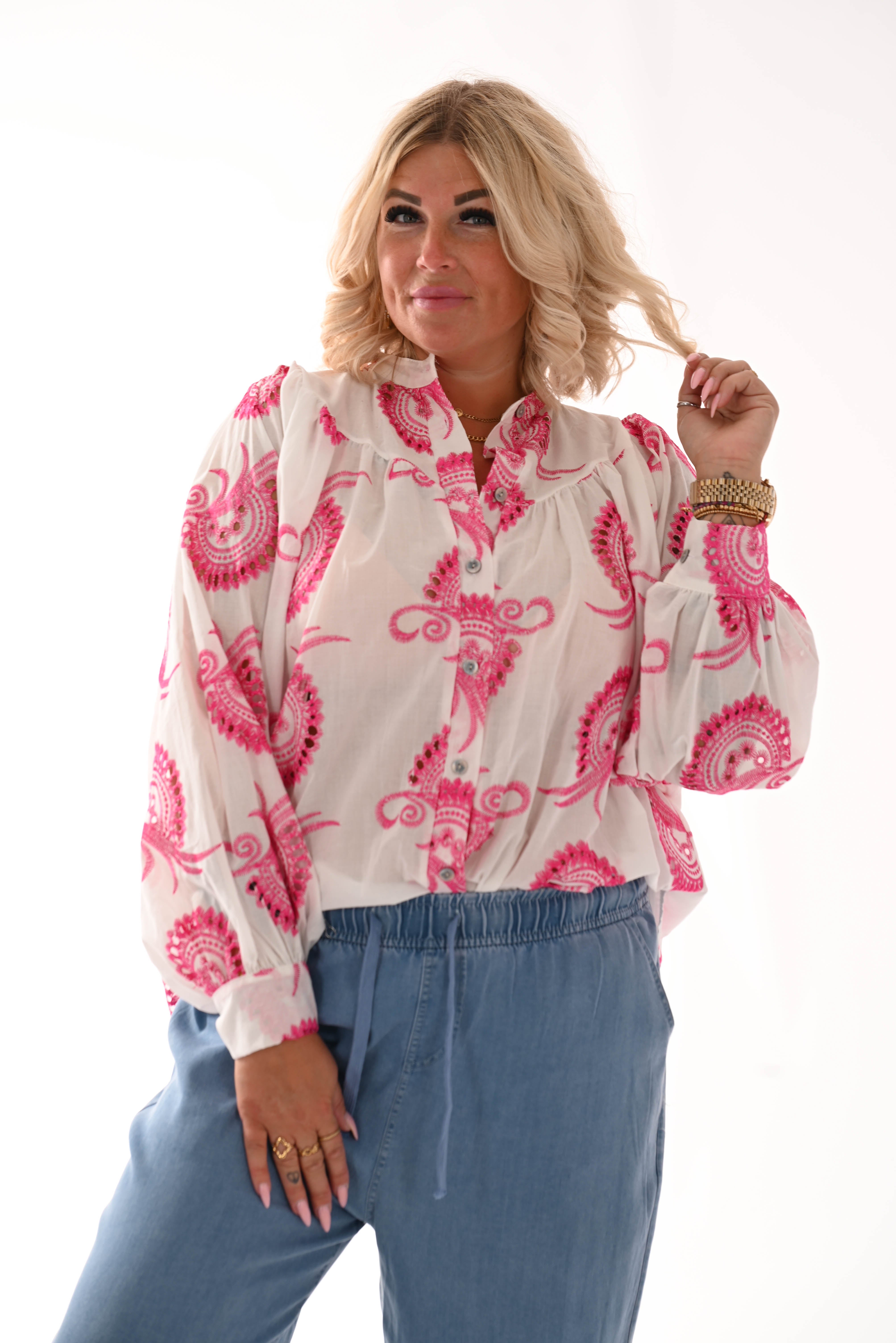 Blouse paisley wit/fuchsia