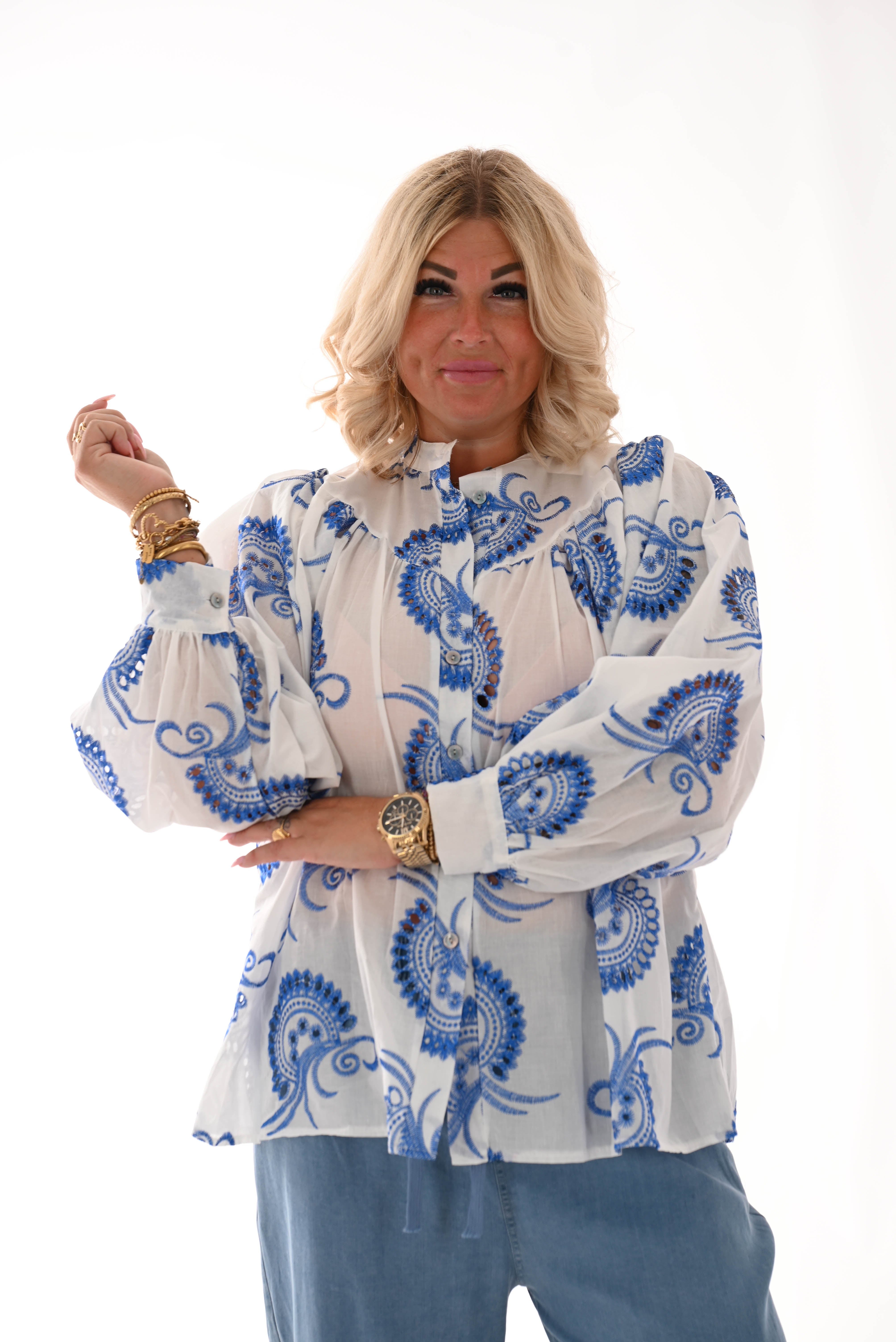 Blouse paisley wit/kobaltblauw