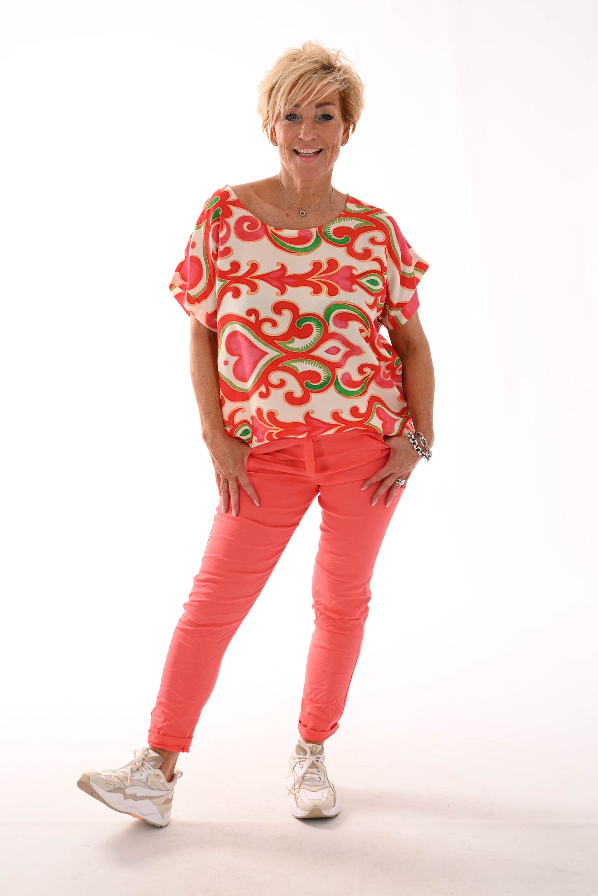 Top viscose ronde hals barok rood/roze