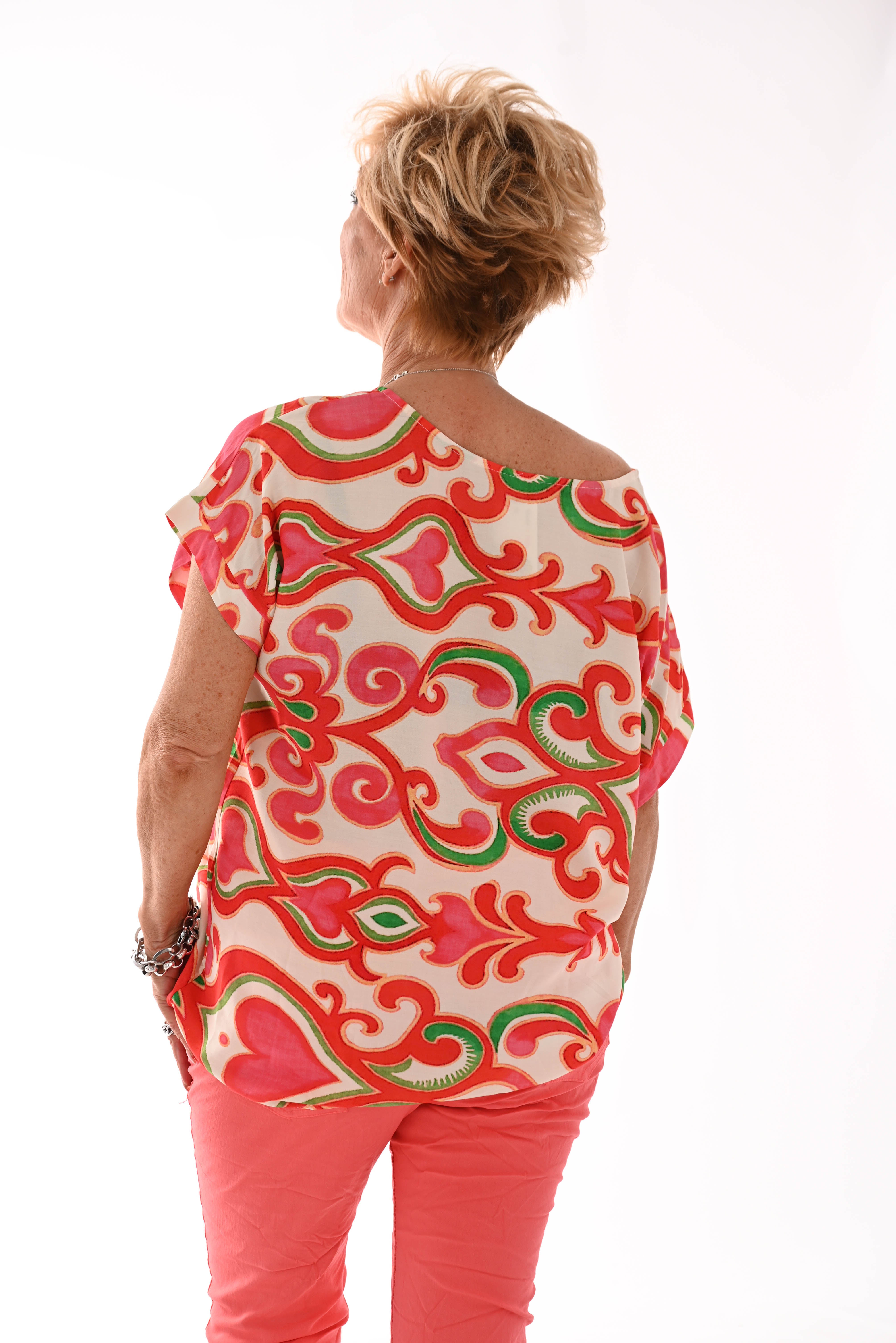 Top viscose ronde hals barok rood/roze