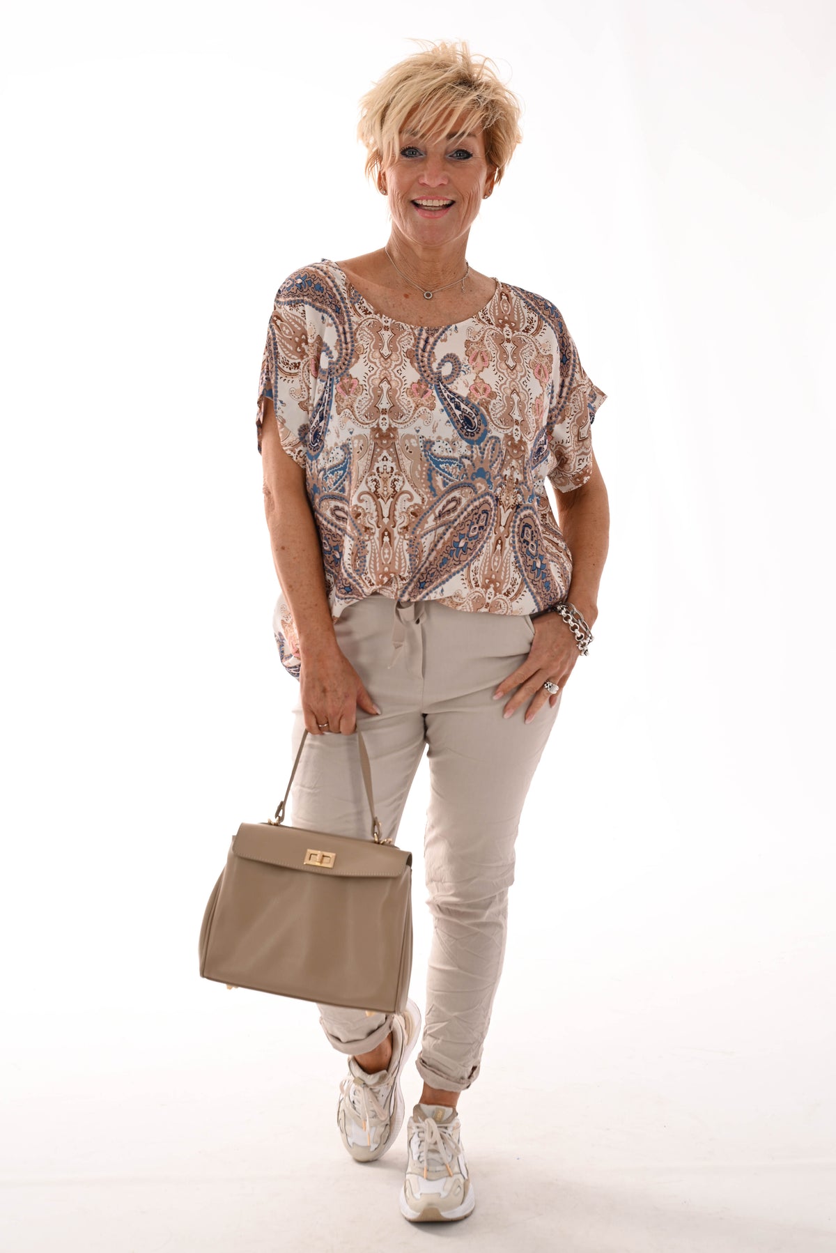 Top viscose ronde hals barok paisley beige/blauw