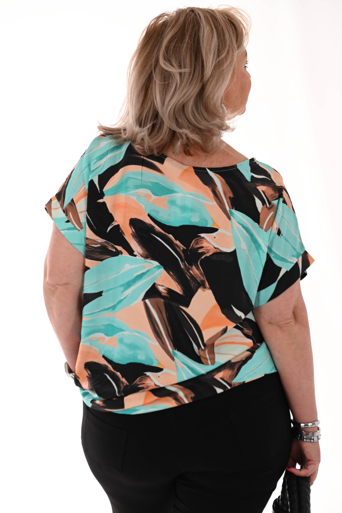Top viscose ronde hals vegen zwart/turquoise