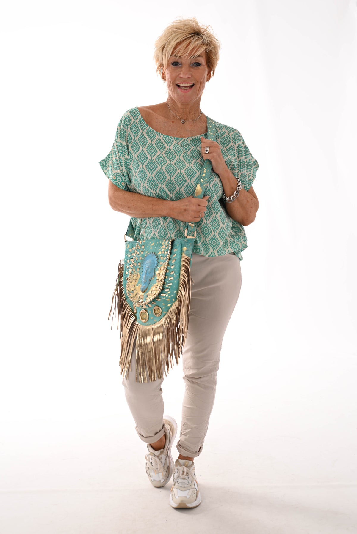 Top viscose ronde hals ruit turquoise