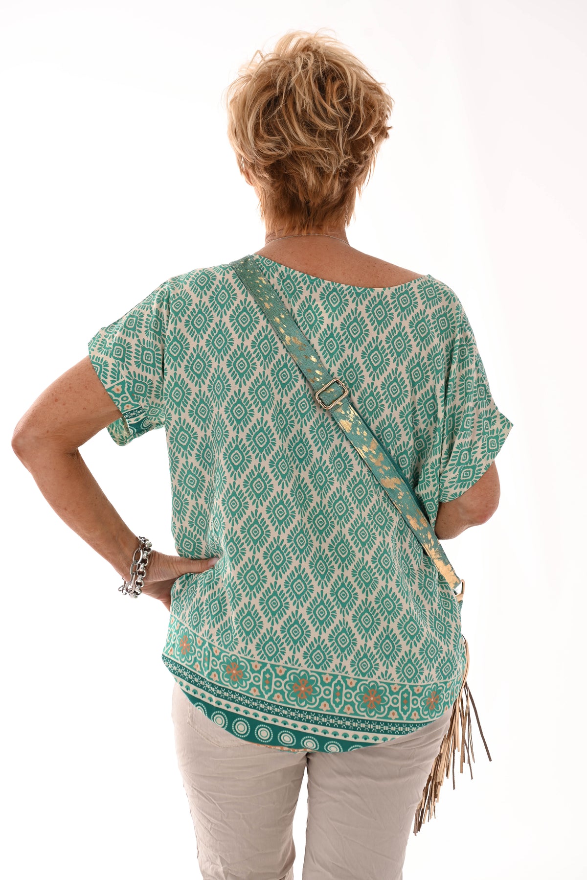 Top viscose ronde hals ruit turquoise