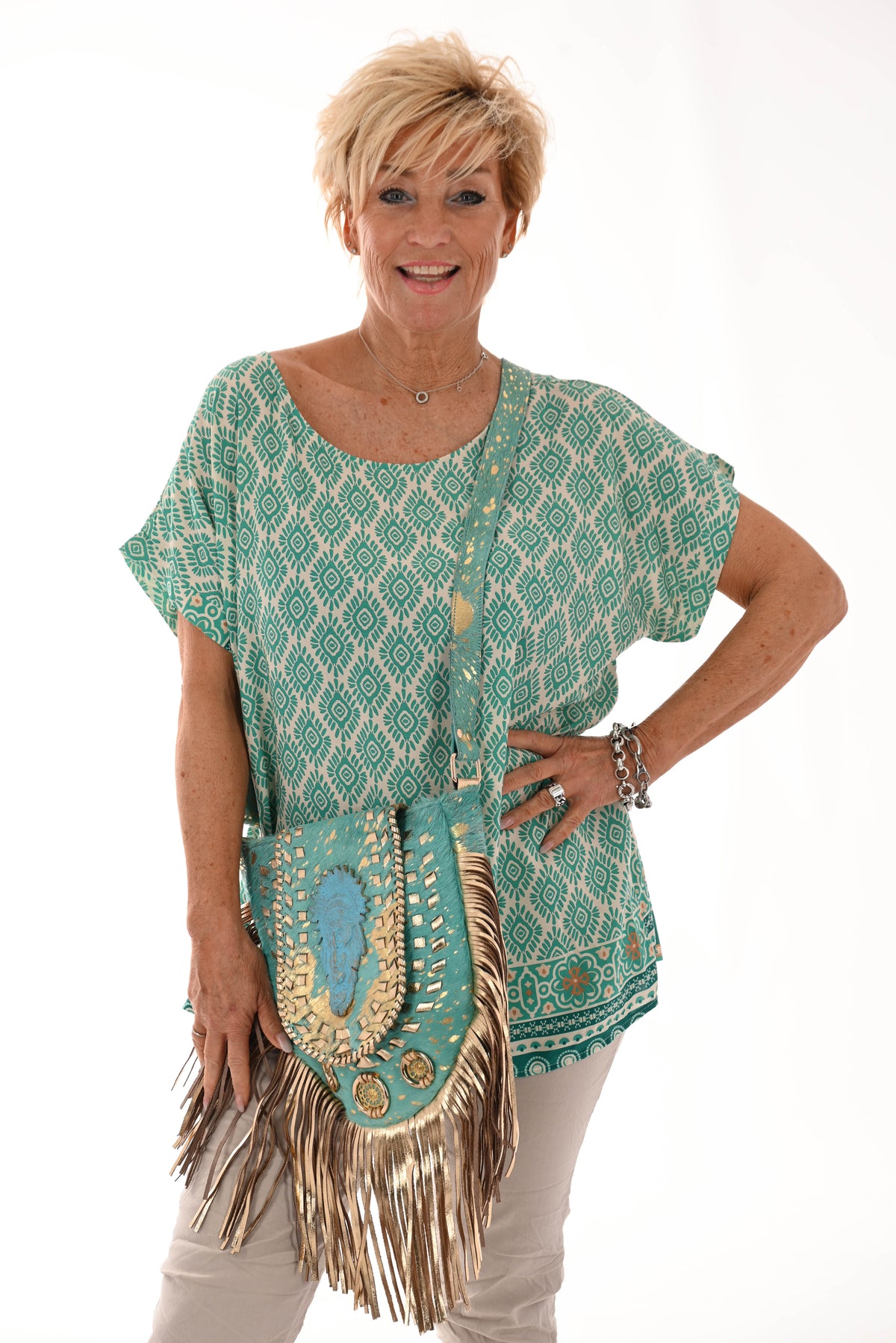 Top viscose ronde hals ruit turquoise