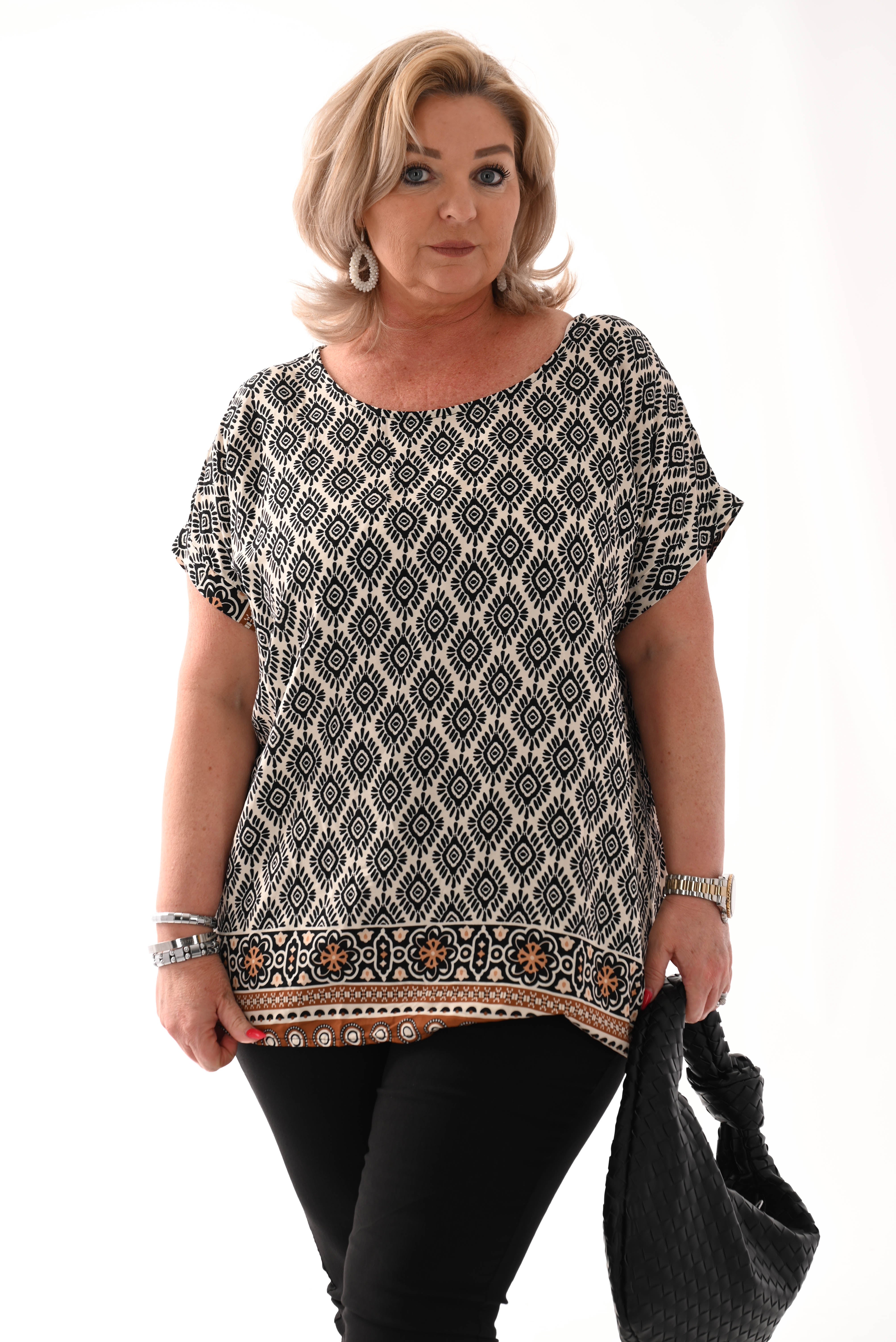 Top viscose ronde hals ruit zwart