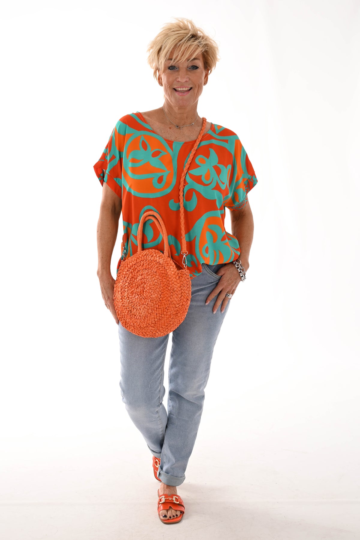 Top viscose ronde hals blaadjes oranje/turquoise