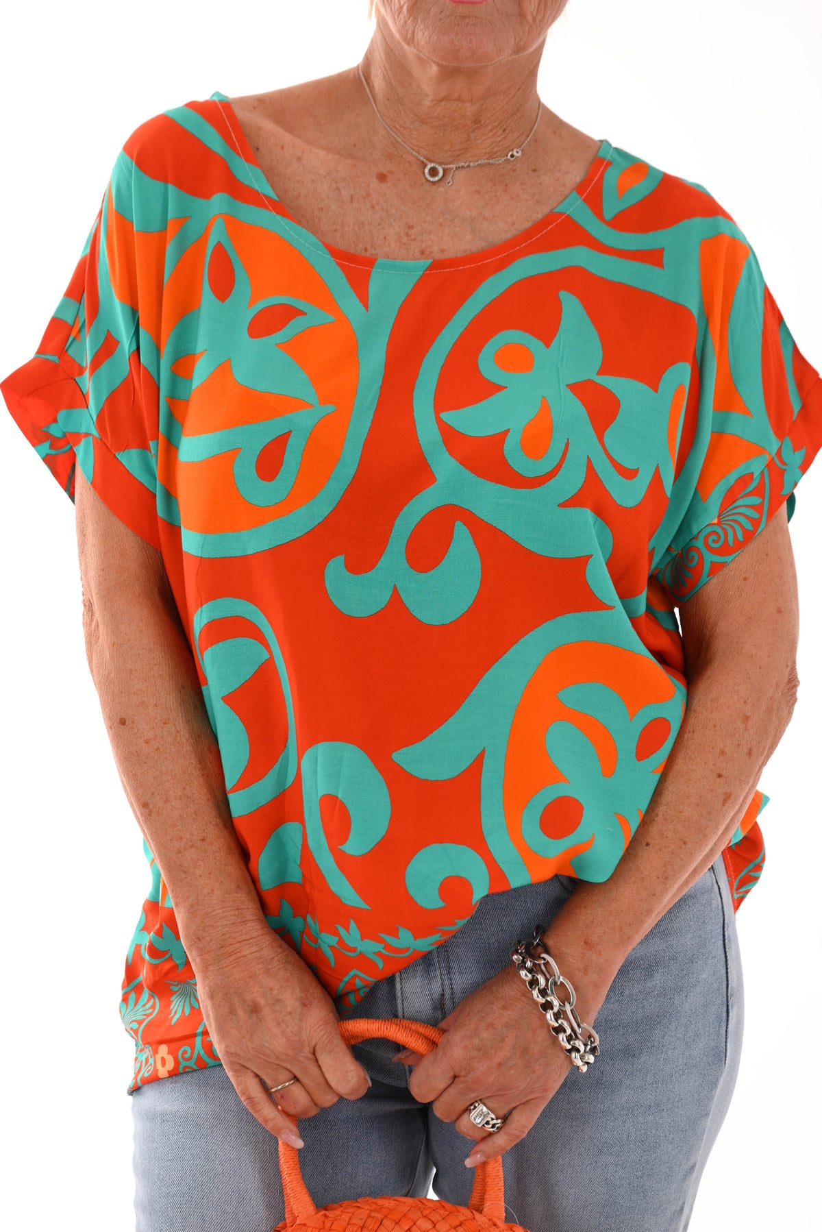 Top viscose ronde hals blaadjes oranje/turquoise