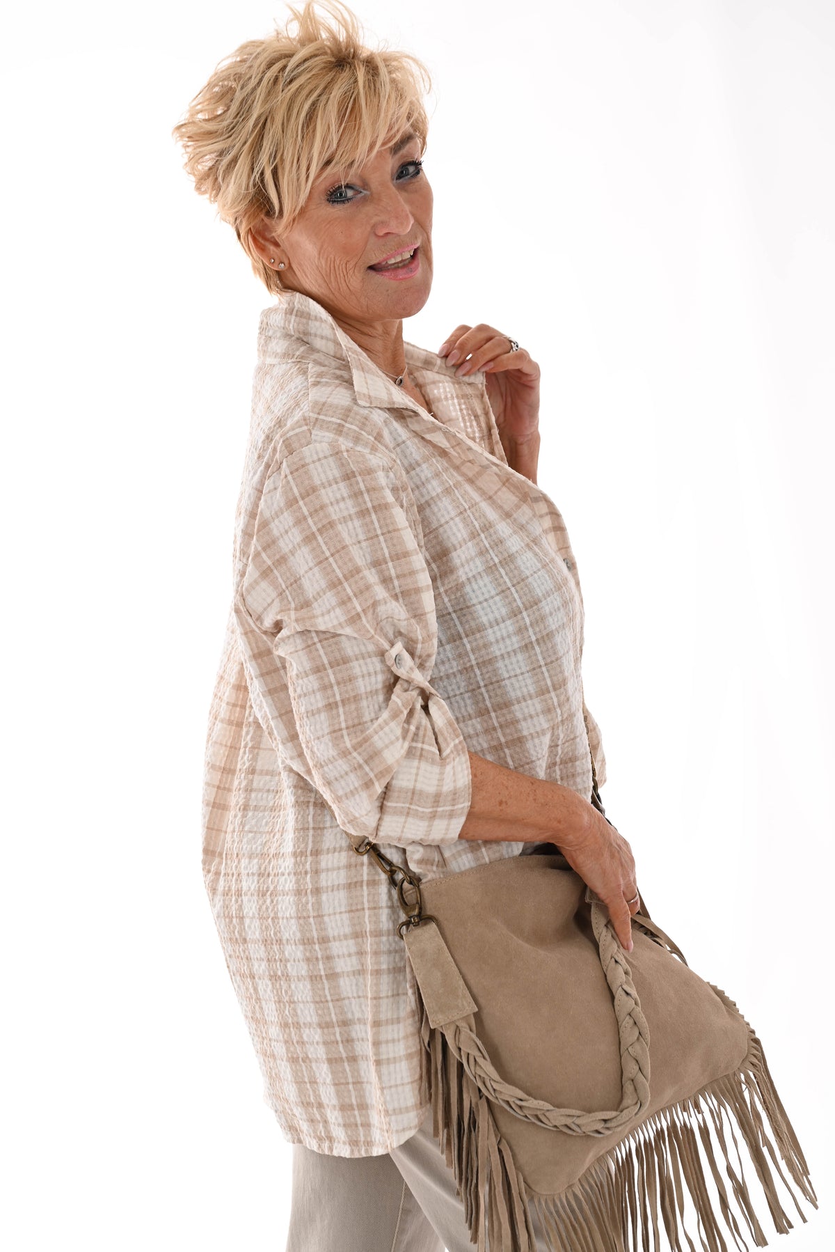 Geruite wafel blouse beige/roomwit