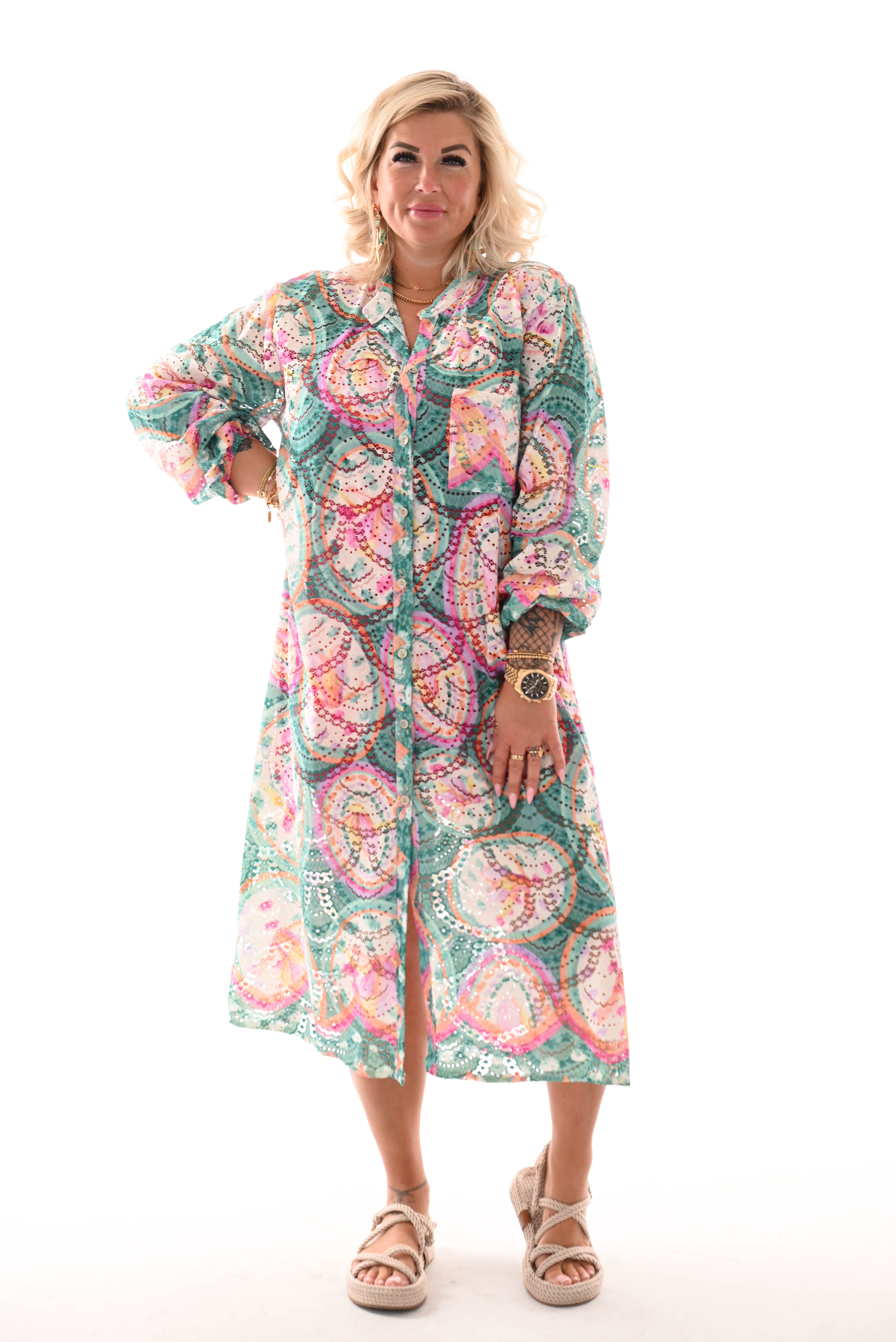 Doorknoop jurk multi colour cirkels groen