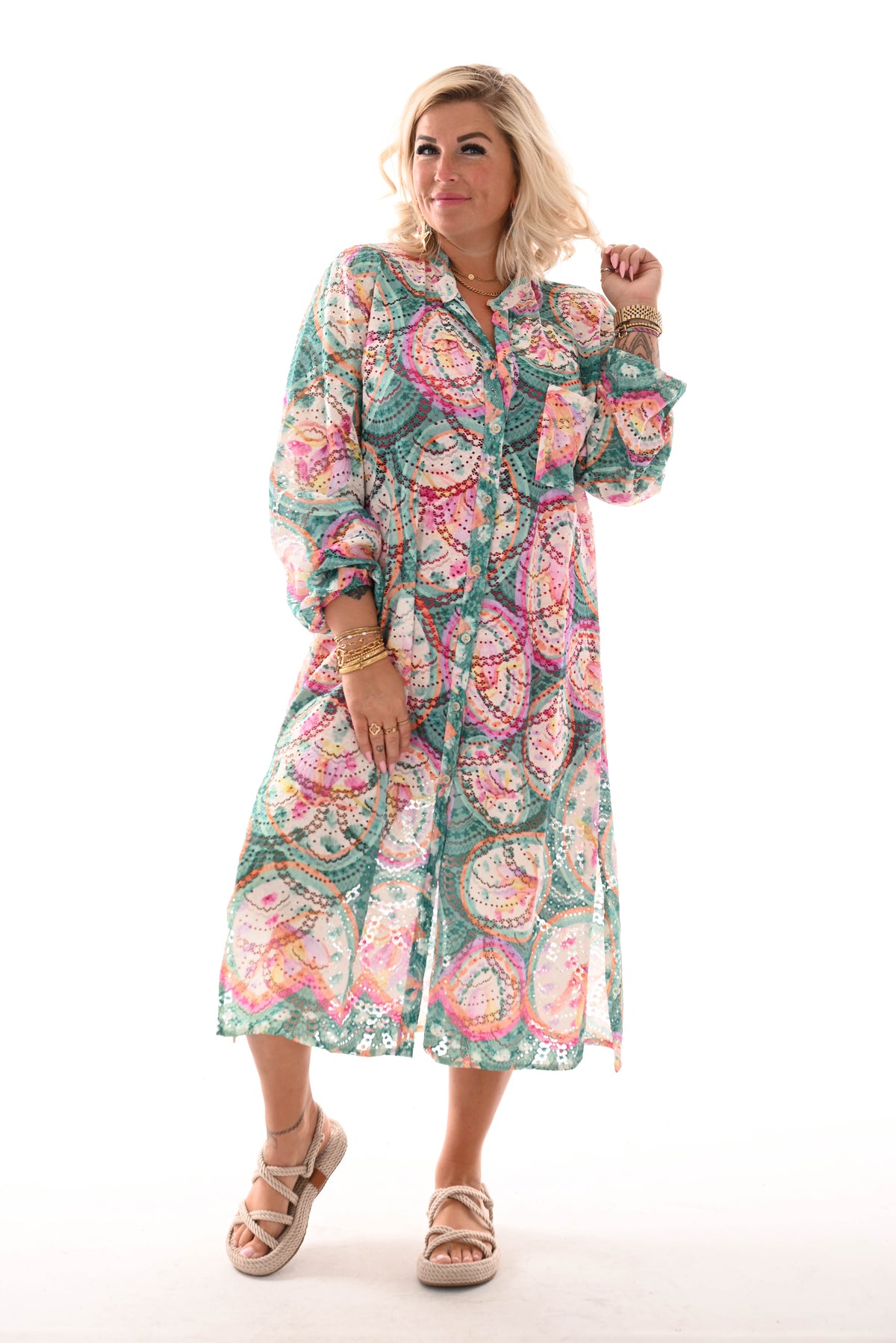 Doorknoop jurk multi colour cirkels groen