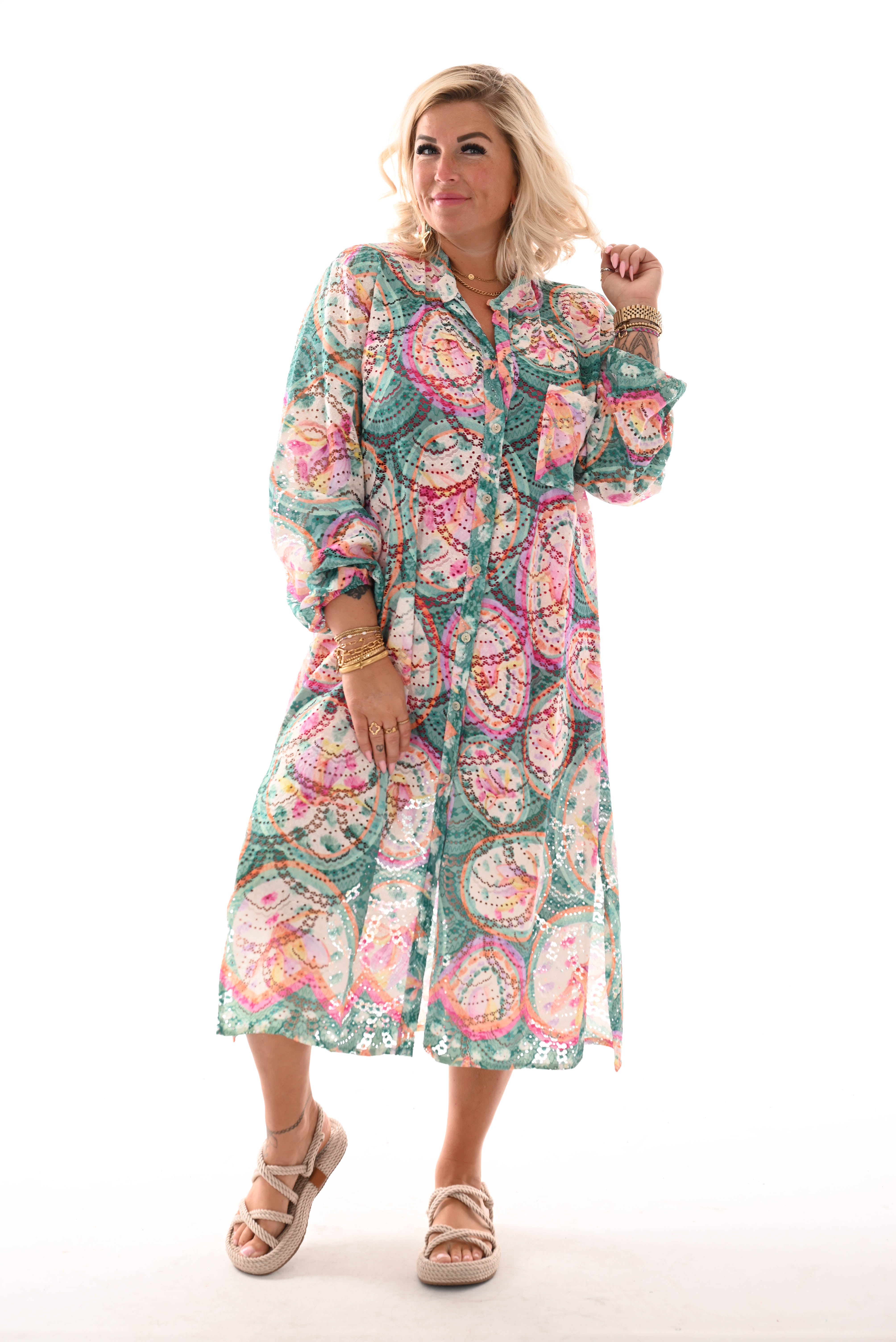 Doorknoop jurk multi colour cirkels groen