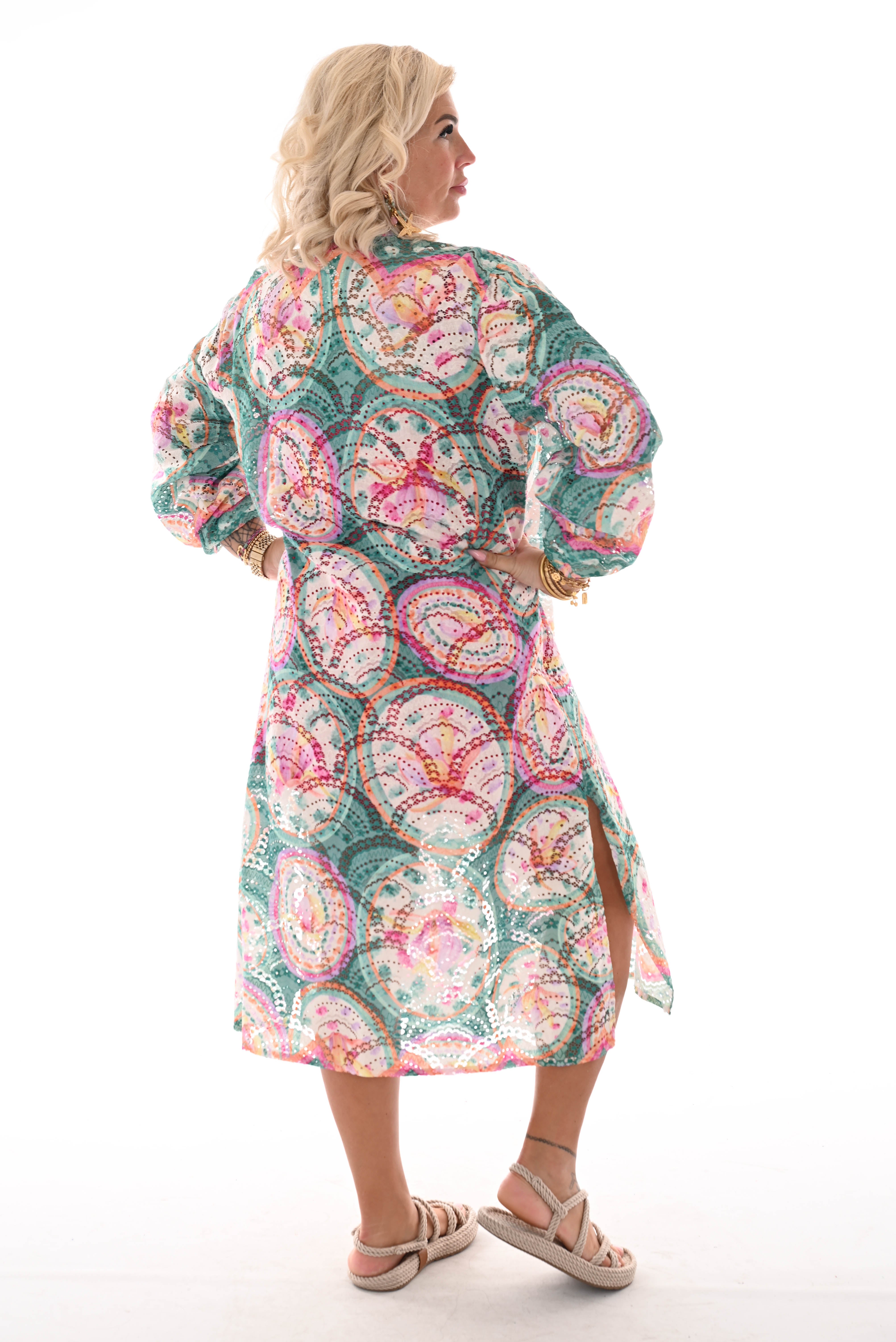 Doorknoop jurk multi colour cirkels groen