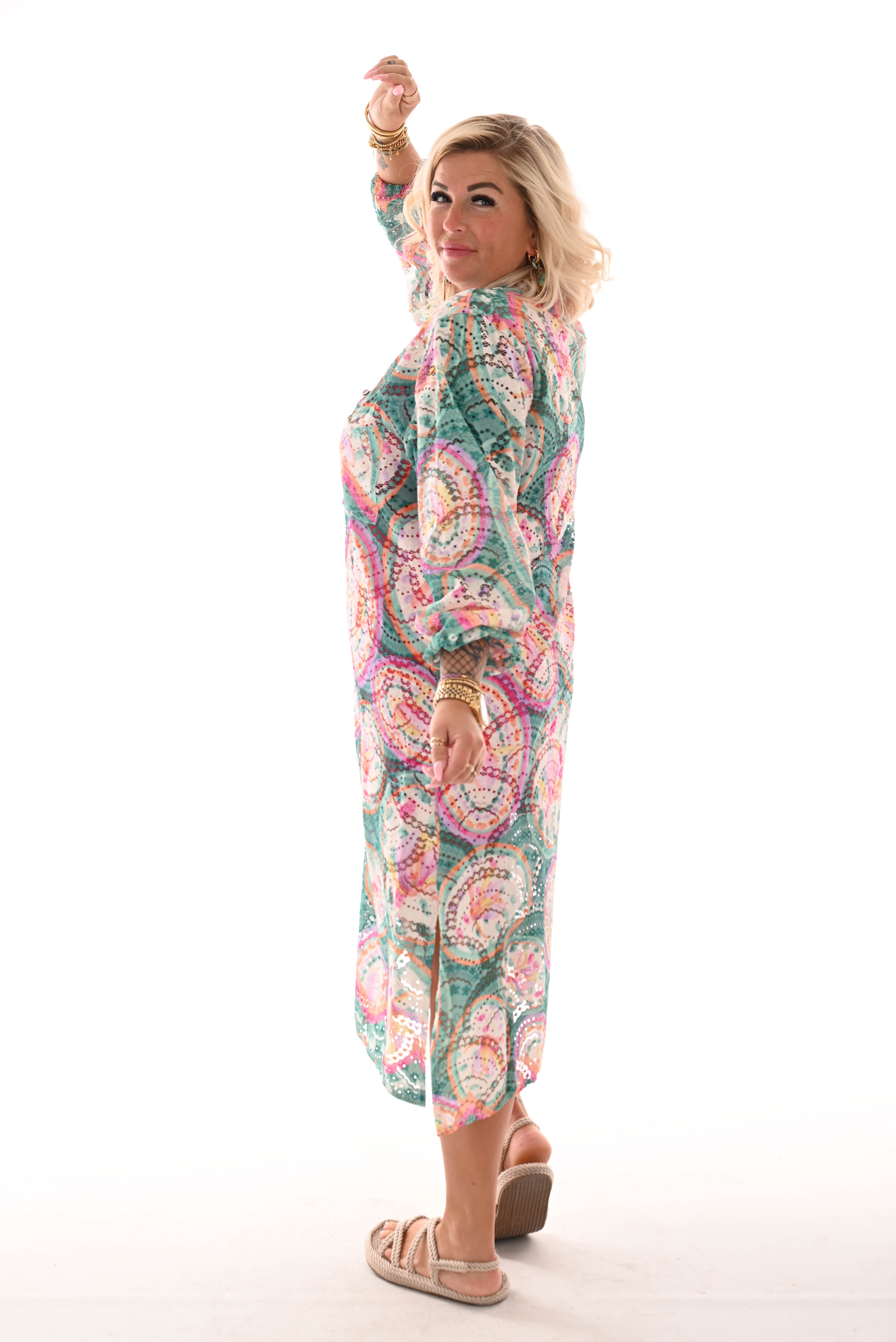 Doorknoop jurk multi colour cirkels groen