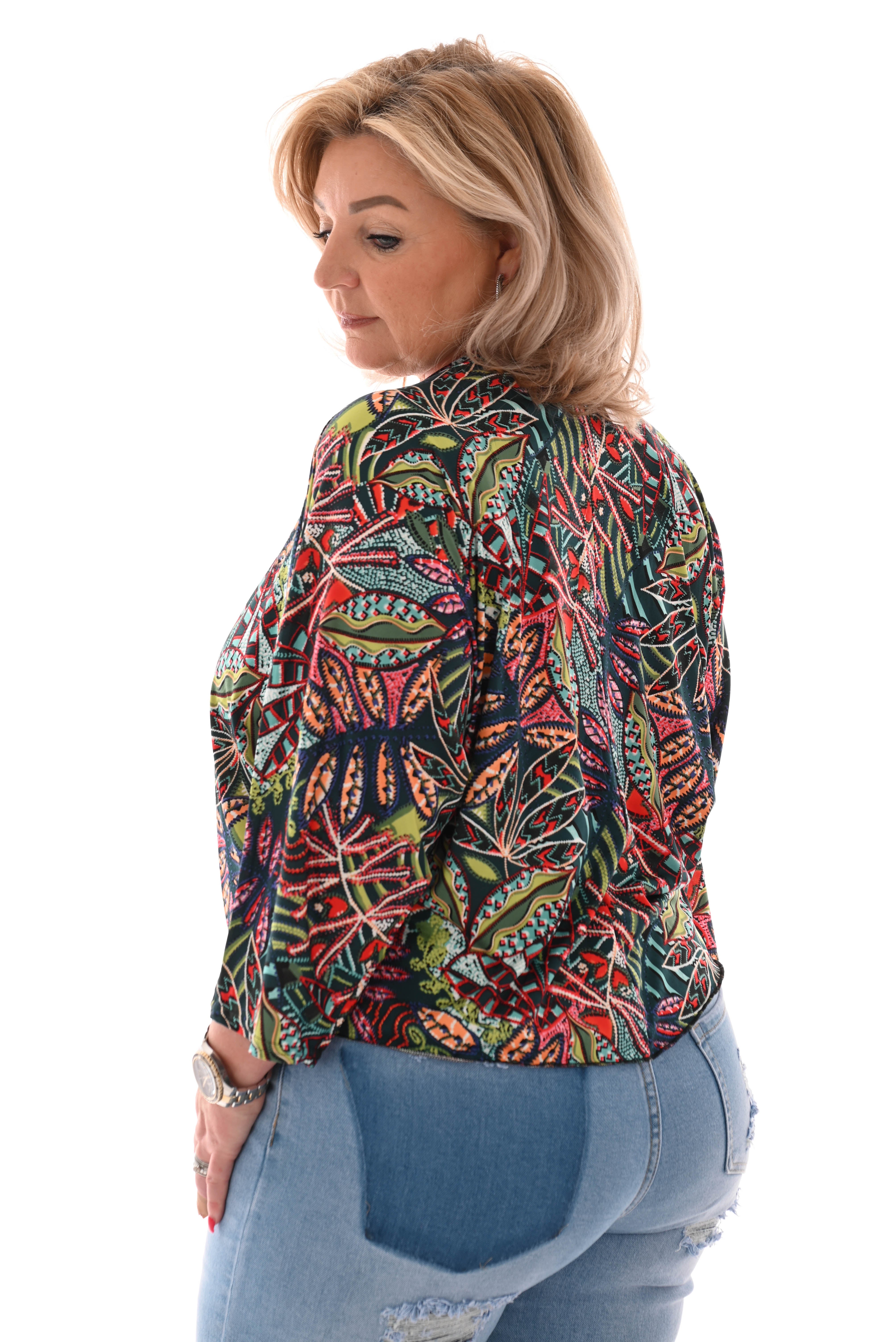 Top strass v-hals knoop detail bladeren groen