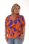 Blouse korte mouwen bladeren paars/oranje