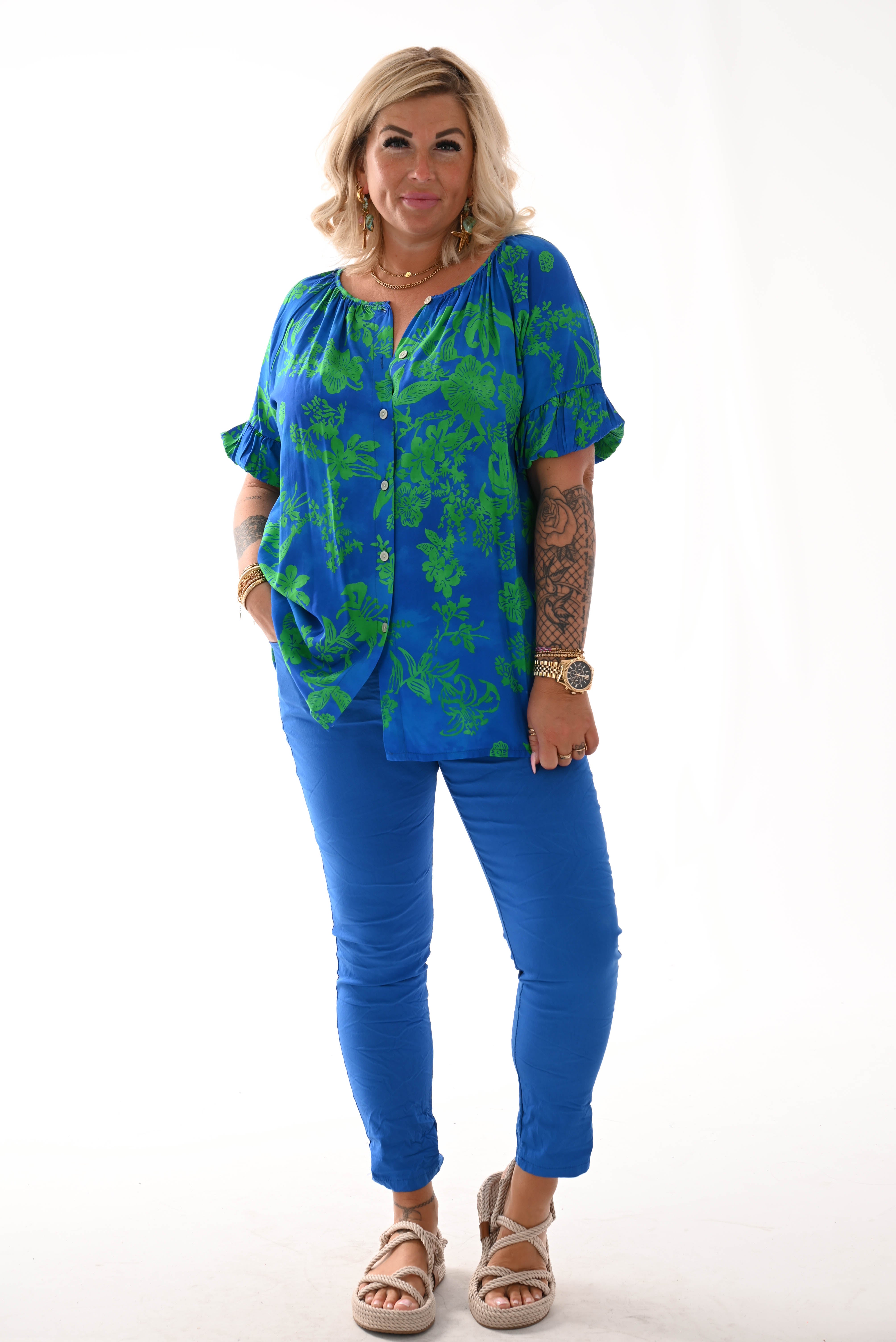 Doorknoop top pofmouwen bloemenprint kobaltblauw/groen