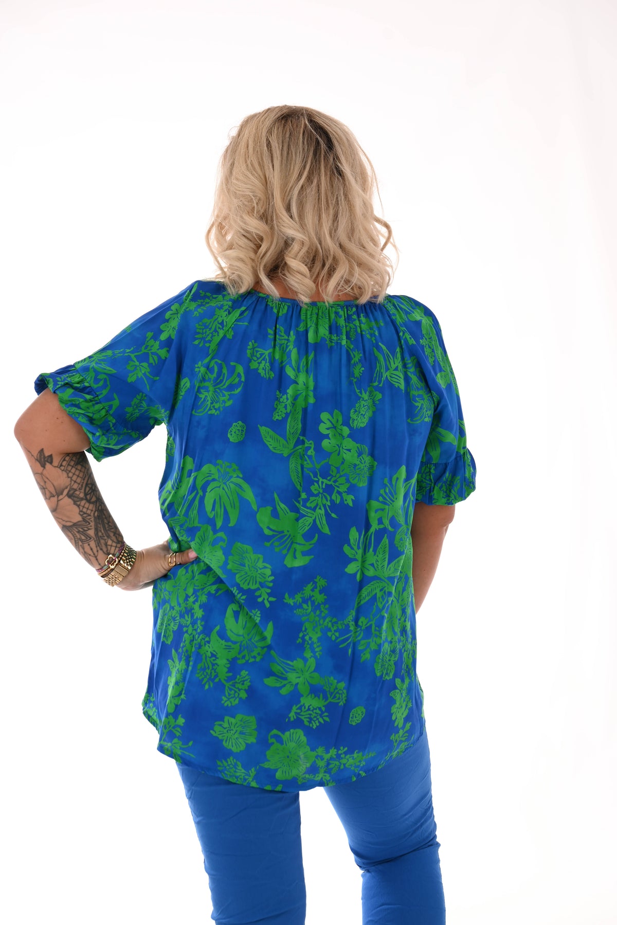 Doorknoop top pofmouwen bloemenprint kobaltblauw/groen