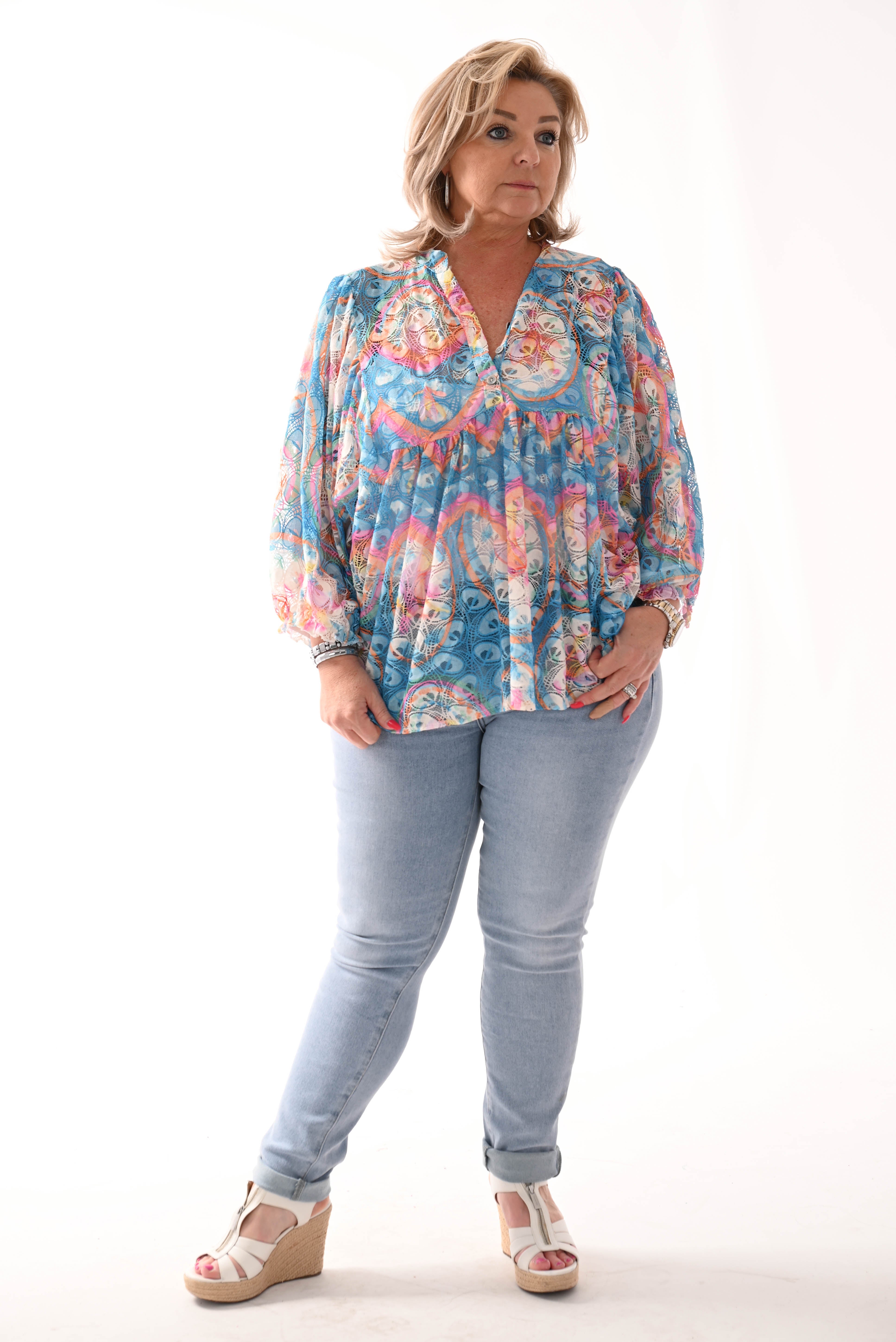 Multi colour top volante mouwen blauw/roze