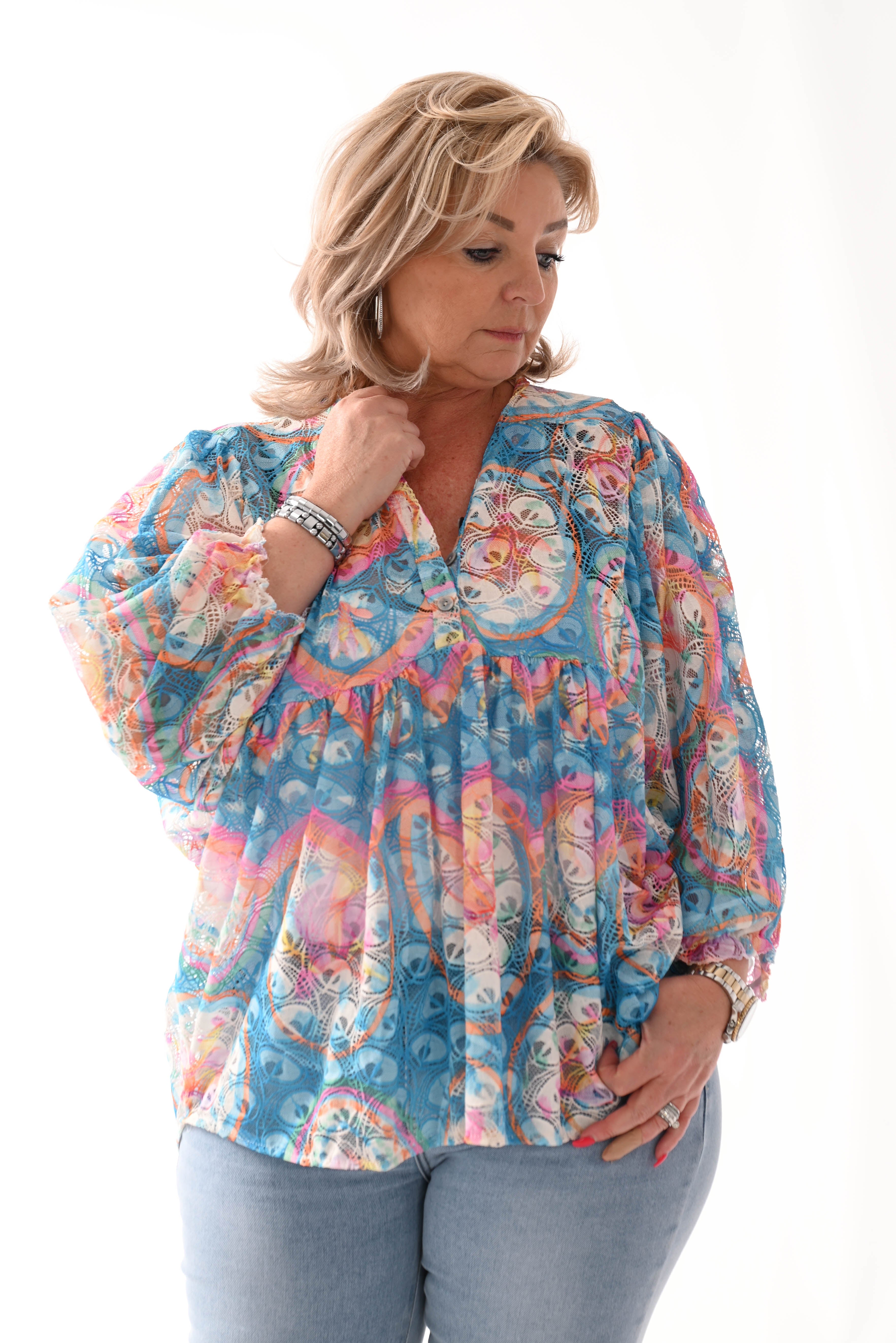 Multi colour top volante mouwen blauw/roze