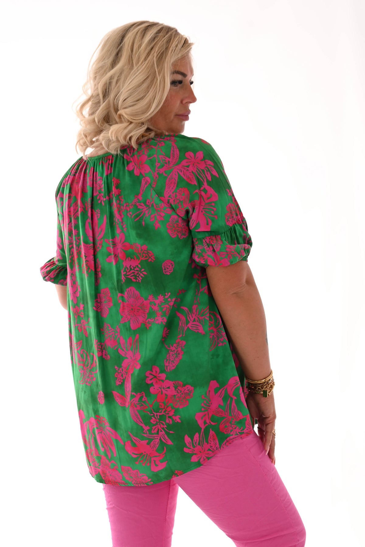 Doorknoop top pofmouwen bloemenprint groen/fuchsia