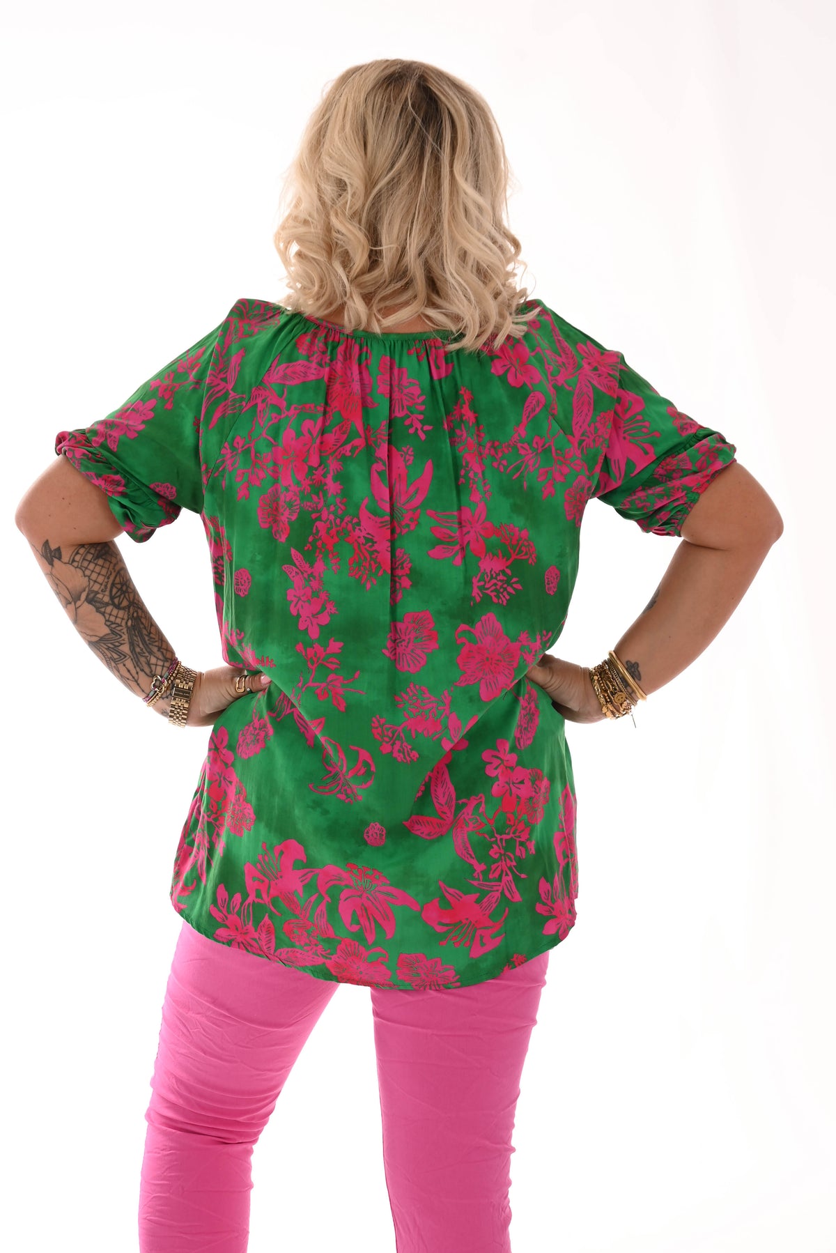 Doorknoop top pofmouwen bloemenprint groen/fuchsia