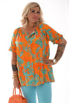 Doorknoop top pofmouwen bloemenprint oranje/turquoise