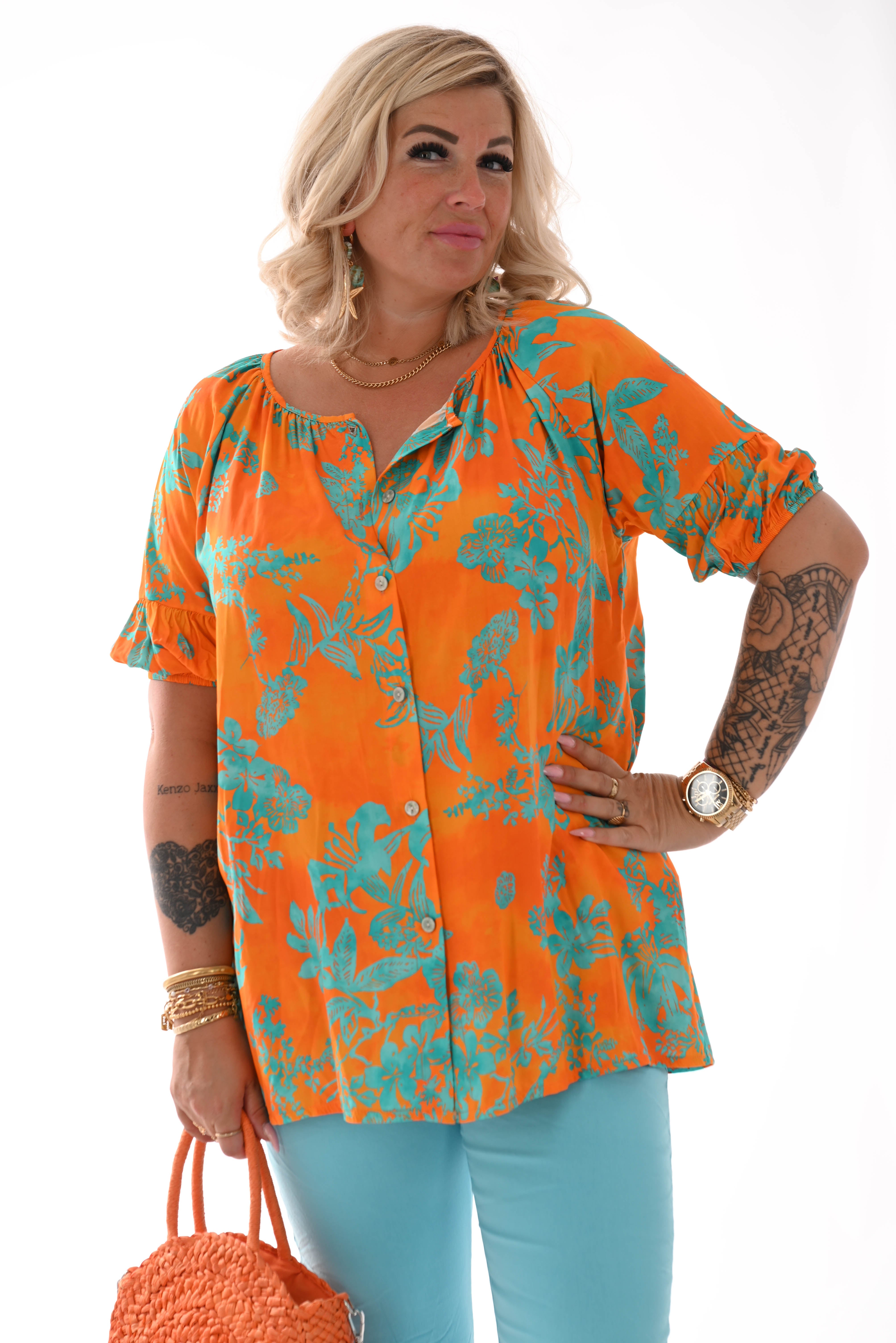 Doorknoop top pofmouwen bloemenprint oranje/turquoise