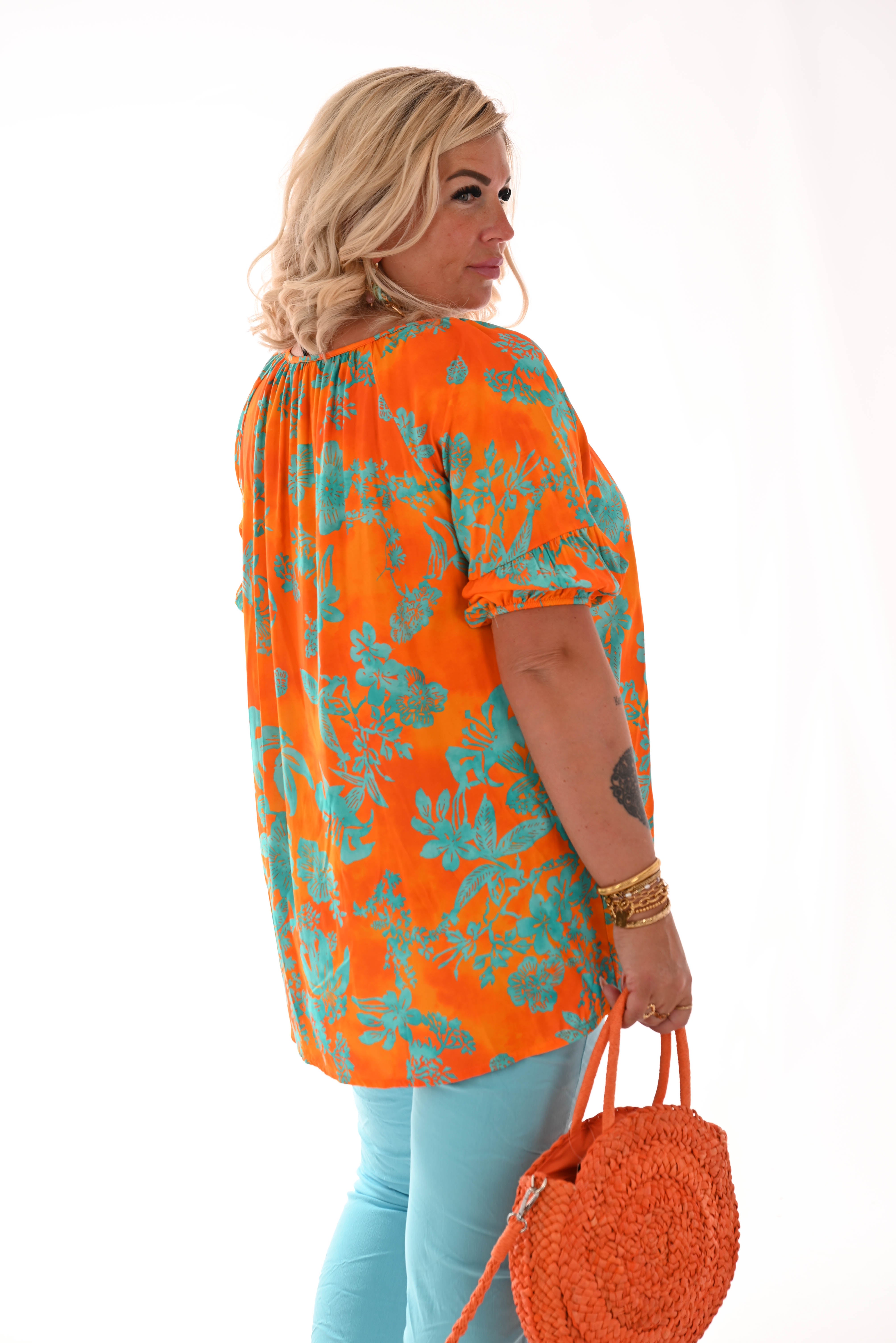 Doorknoop top pofmouwen bloemenprint oranje/turquoise