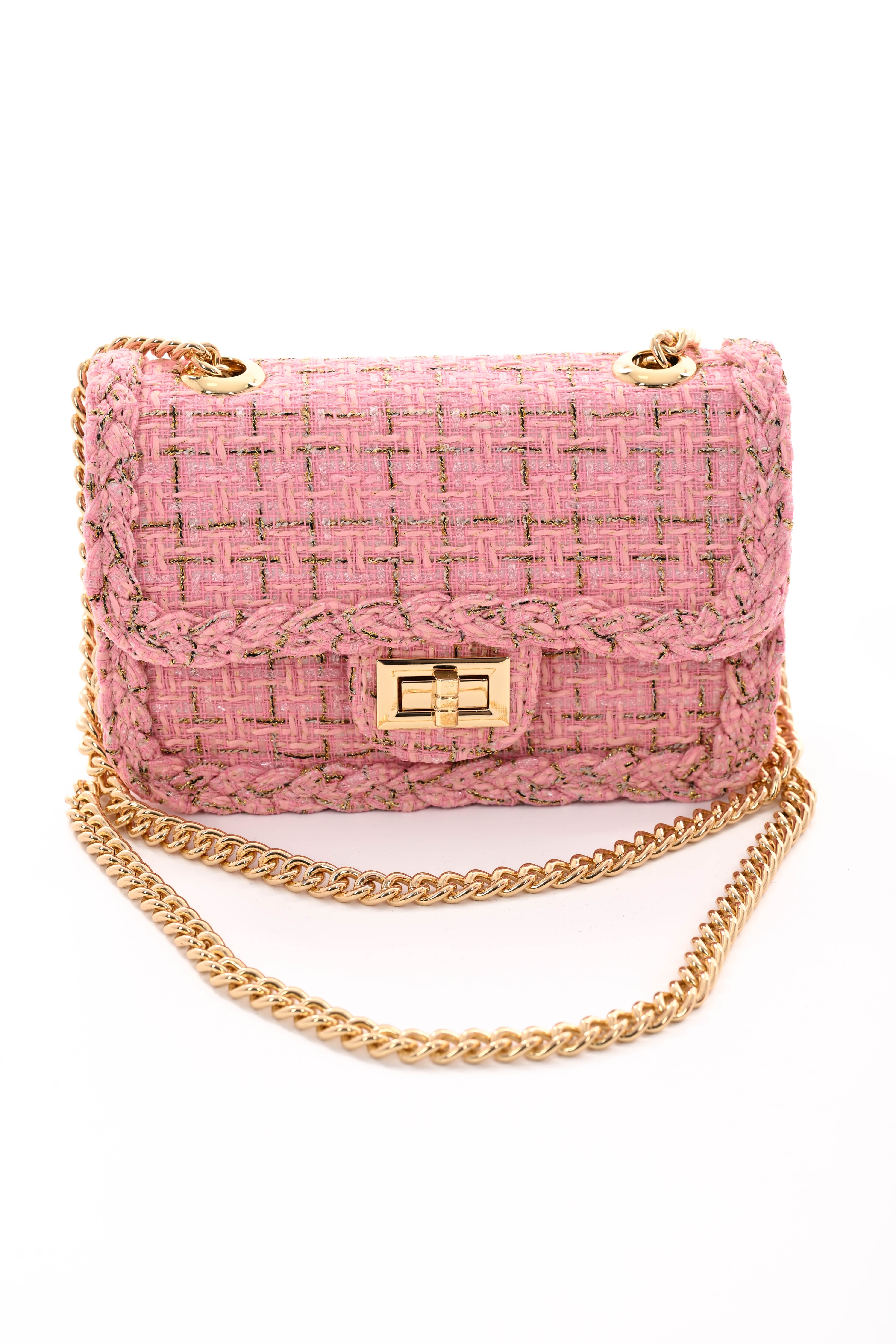 Schoudertas met lurex en vlecht detail lichtroze